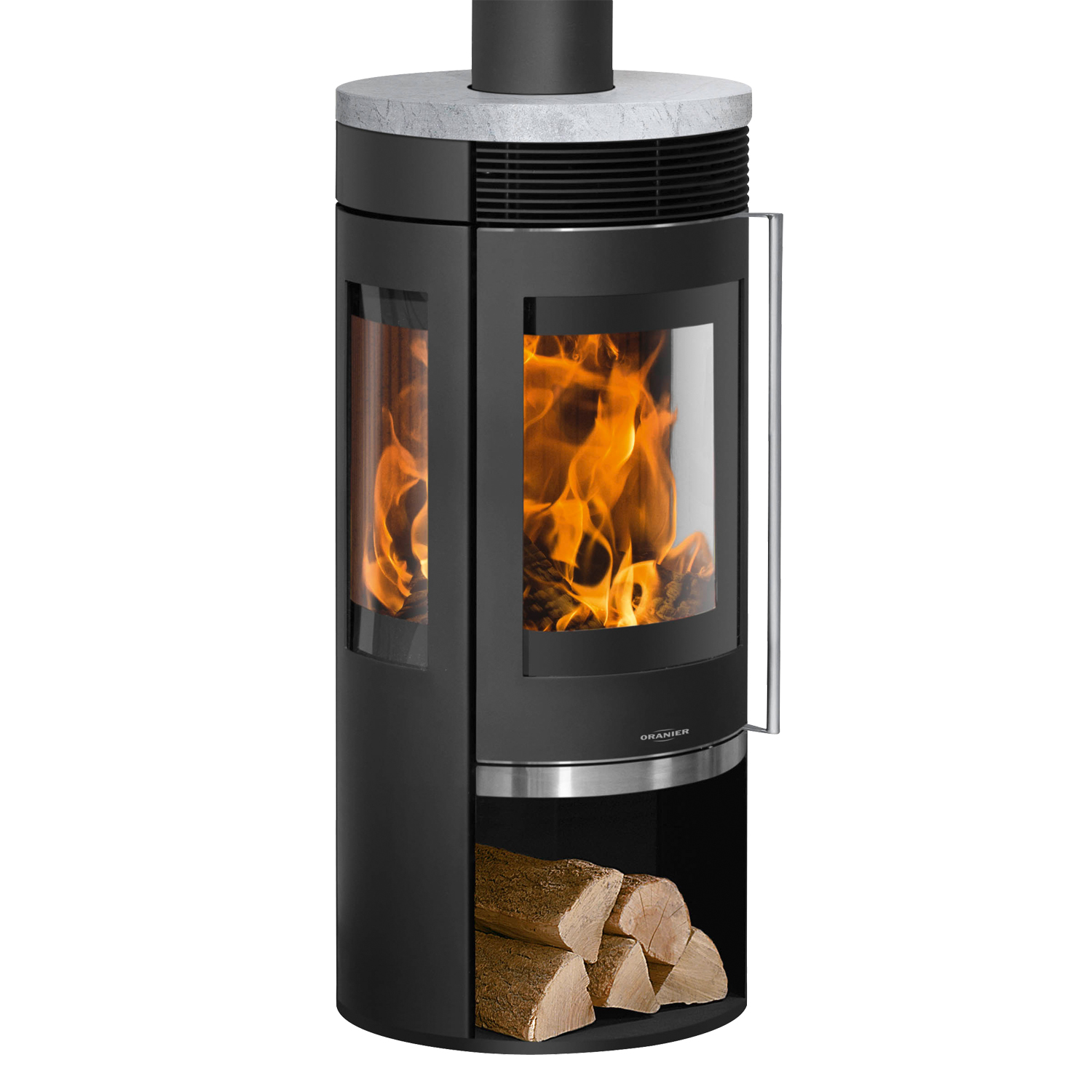 Poêle à bois Oranier Rota TRE 2.0 en acier noir avec plaque de recouvrement en stéatite.