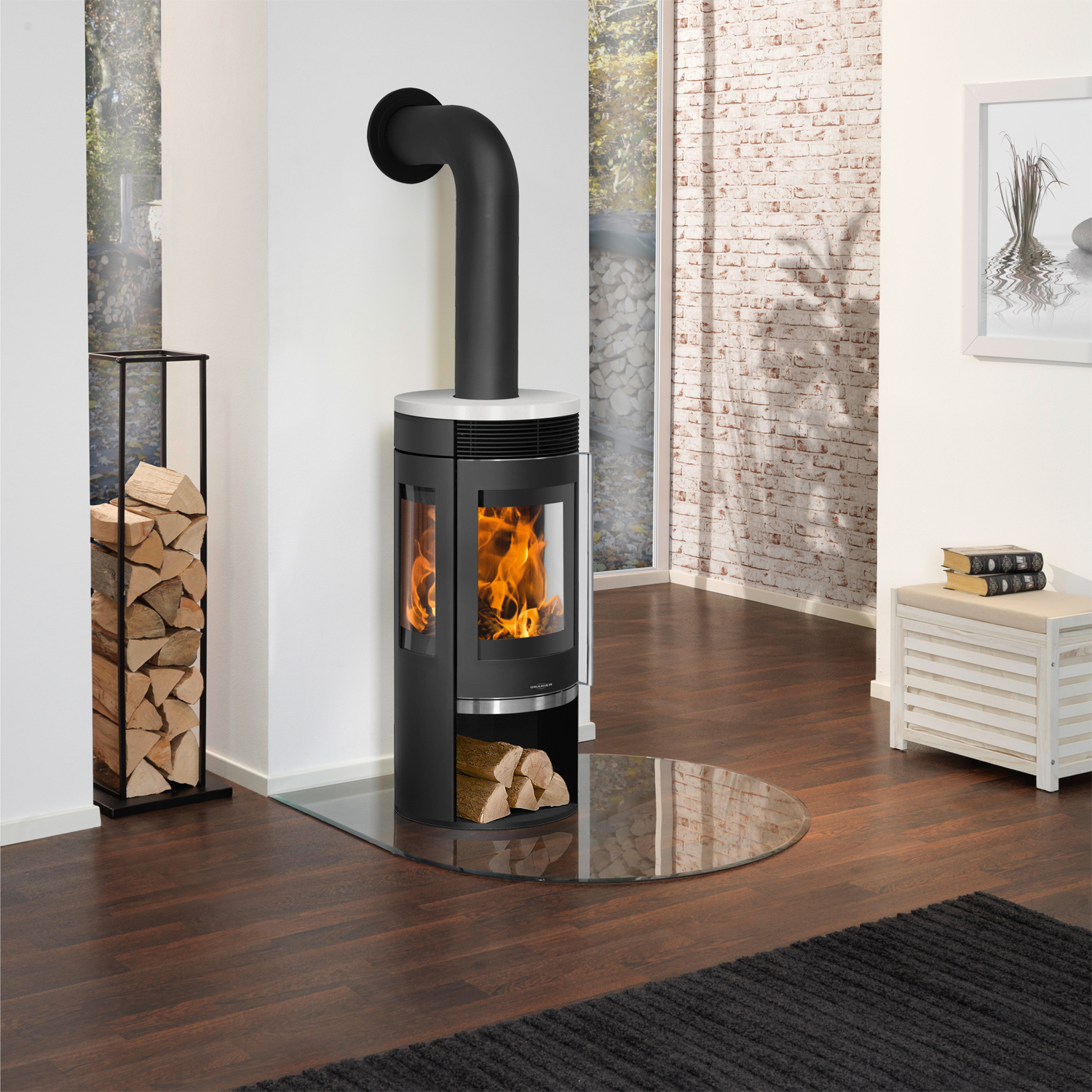 Oranier Rota TRE 2.0 Poêle à bois en acier noir avec plaque de recouvrement en céramique blanc soie