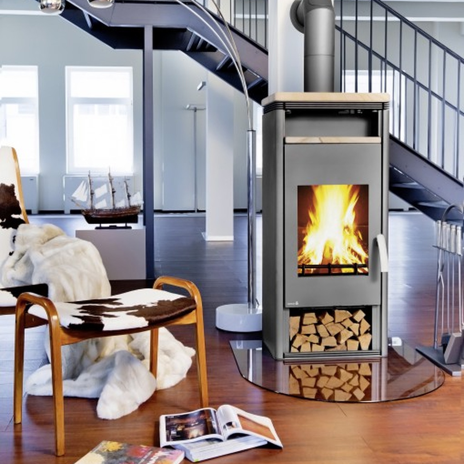 Wamsler poêle à bois « Fulgor » gris avec pierre de grès