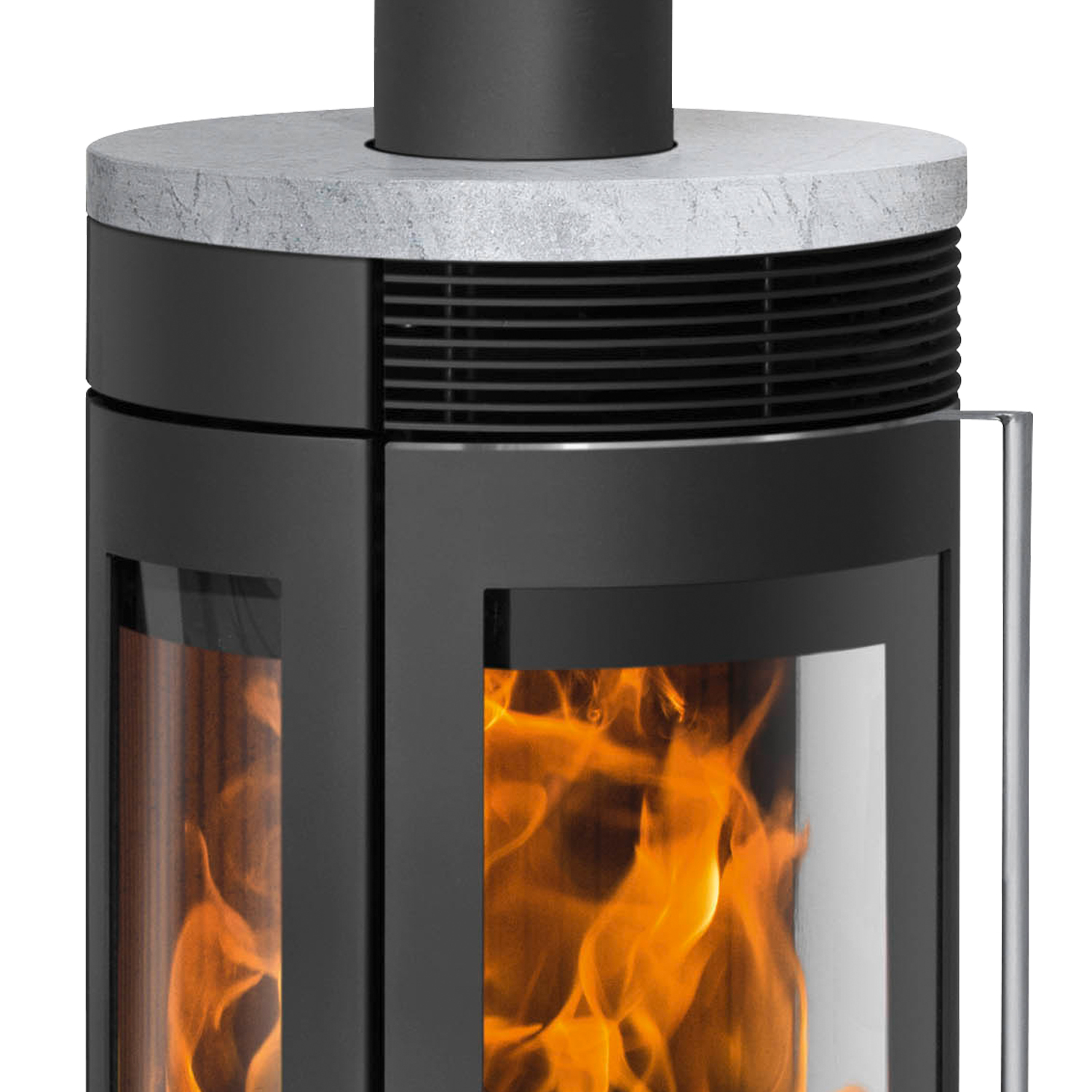 Poêle à bois Oranier Rota TRE 2.0 en acier noir avec plaque de recouvrement en stéatite.
