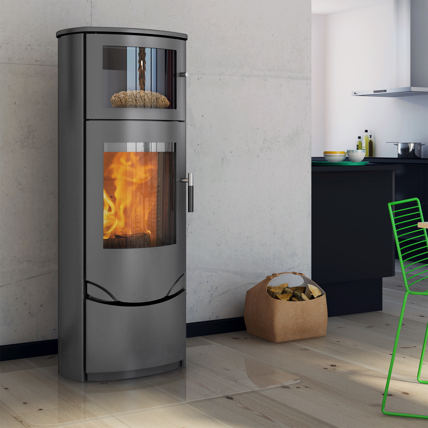 Poêle à bois Lotus Prio 7 gris avec compartiment de cuisson, sortie de fumée à l'arrière