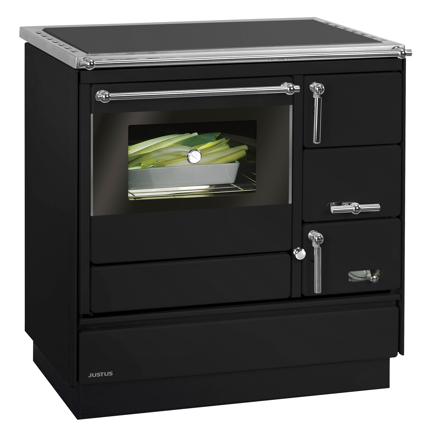 Justus Linz cuisinière à bois noir chromé, gauche