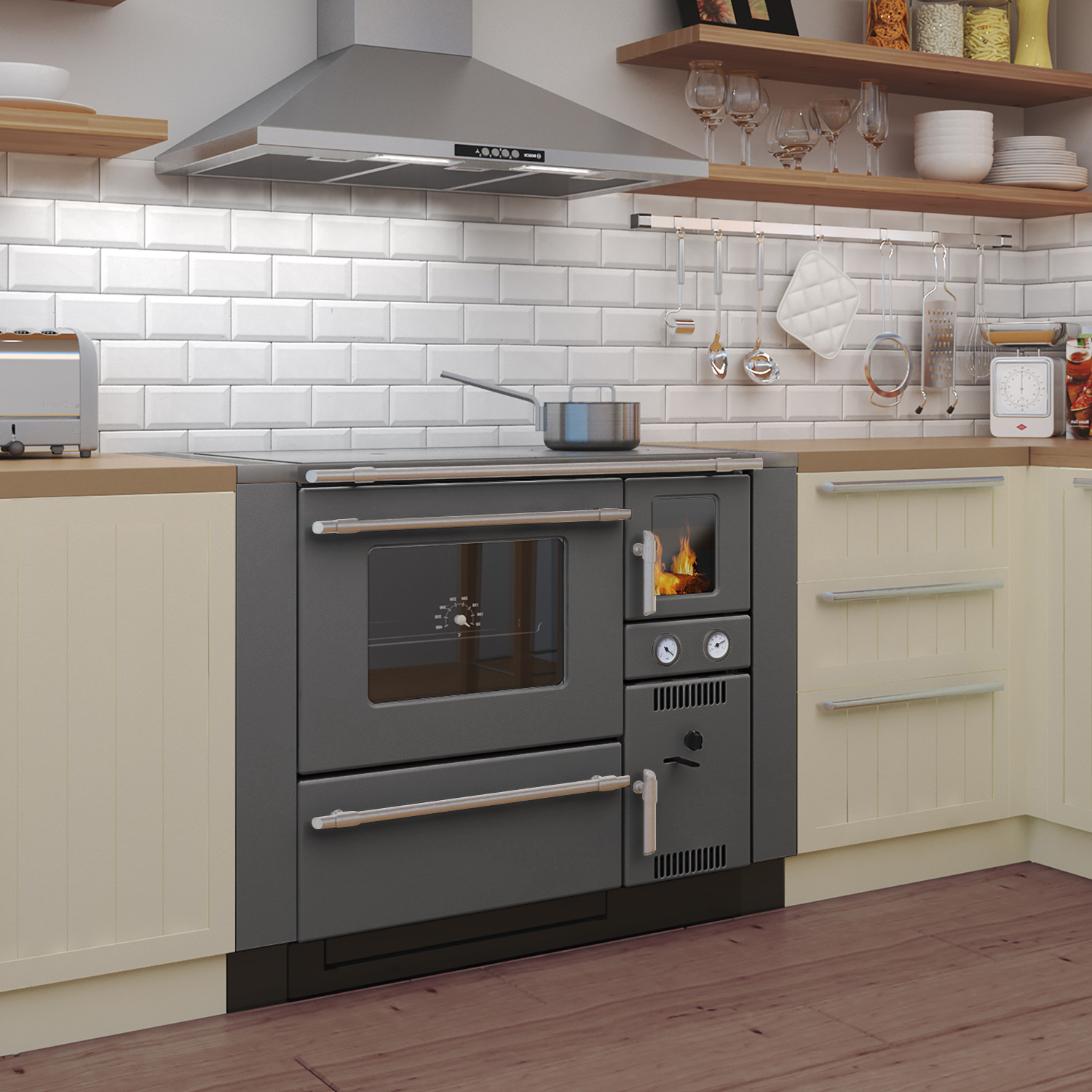 Wamsler K 148 poêle de cuisine avec conduit d'eau Anthracite/Mat, tuyau de fumée à gauche