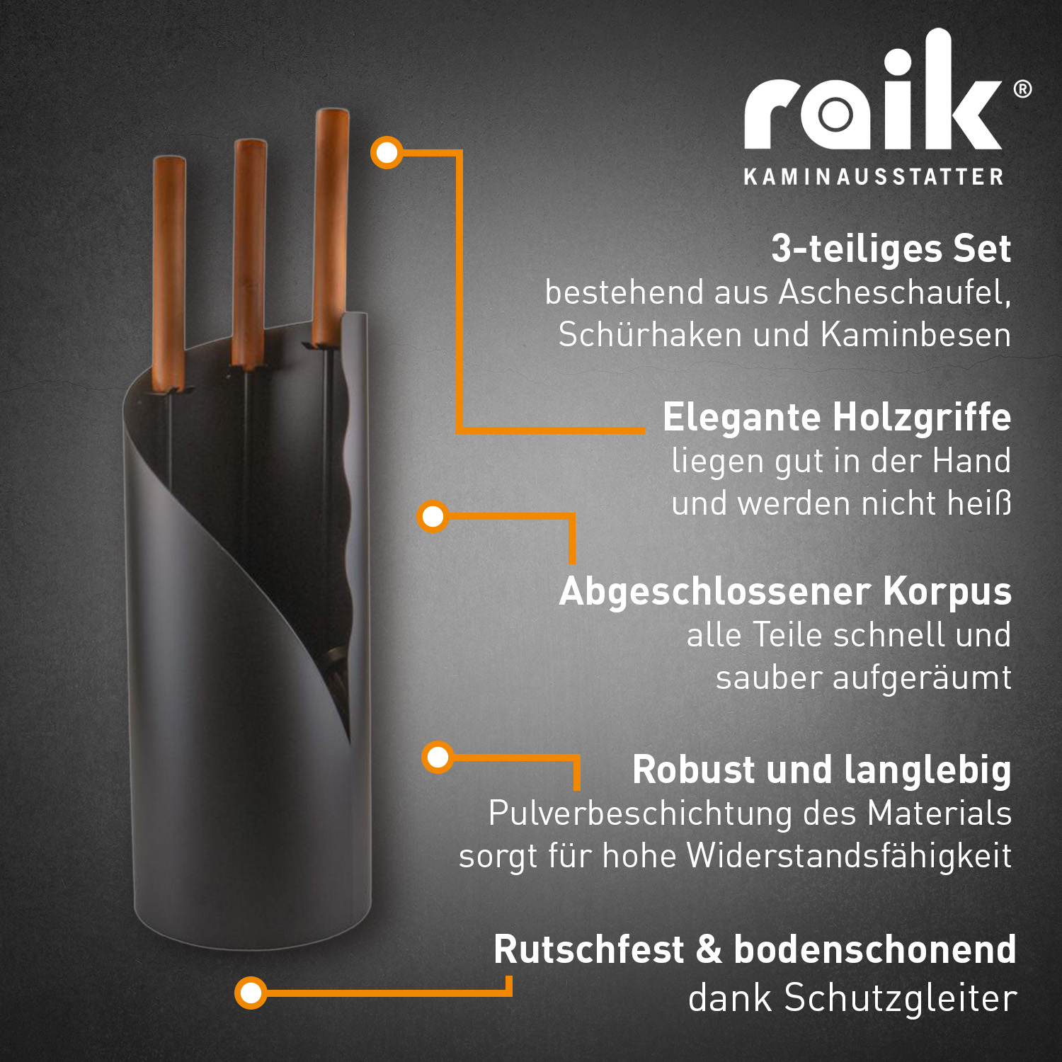Raik Serviteur de cheminée Benno Set 3 pièces Noir avec long manche en bois