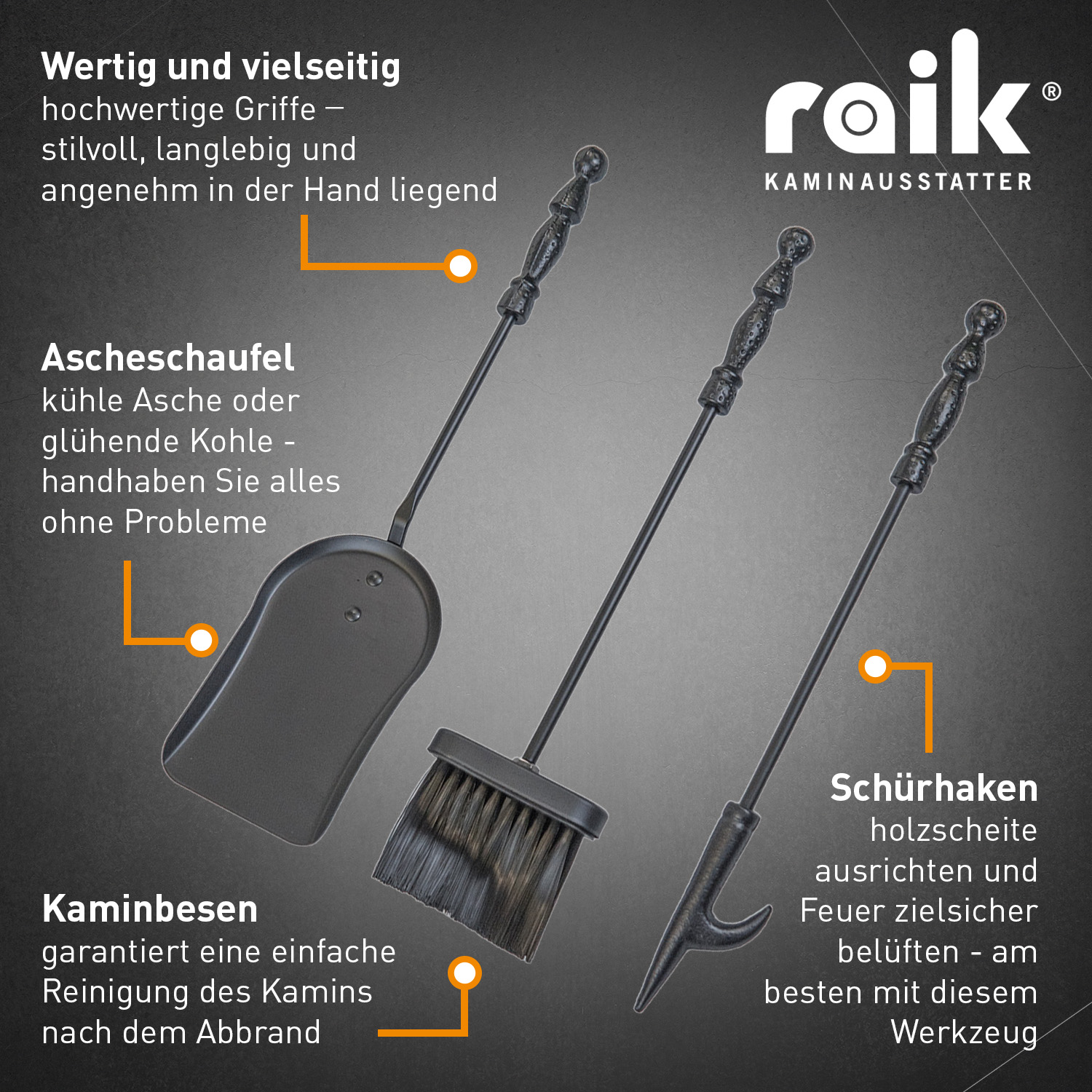 Raik assortiment de cheminée chevalier Hubert, noir, 4 pièces
