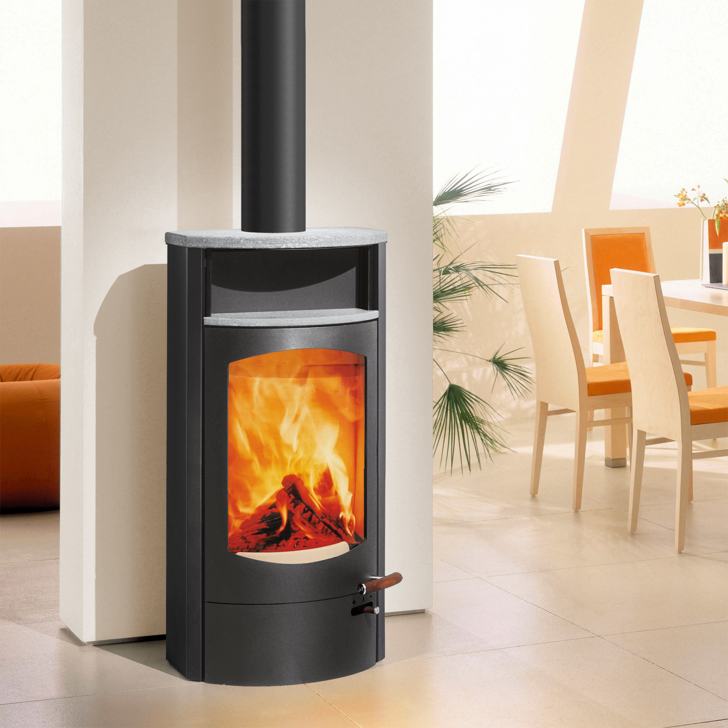 Austroflamm Koko 2.0 Poêle à bois en acier gris fonte, compartiment de maintien au chaud en stéatite, plaque supérieure en stéatite, sortie de fumée par le haut