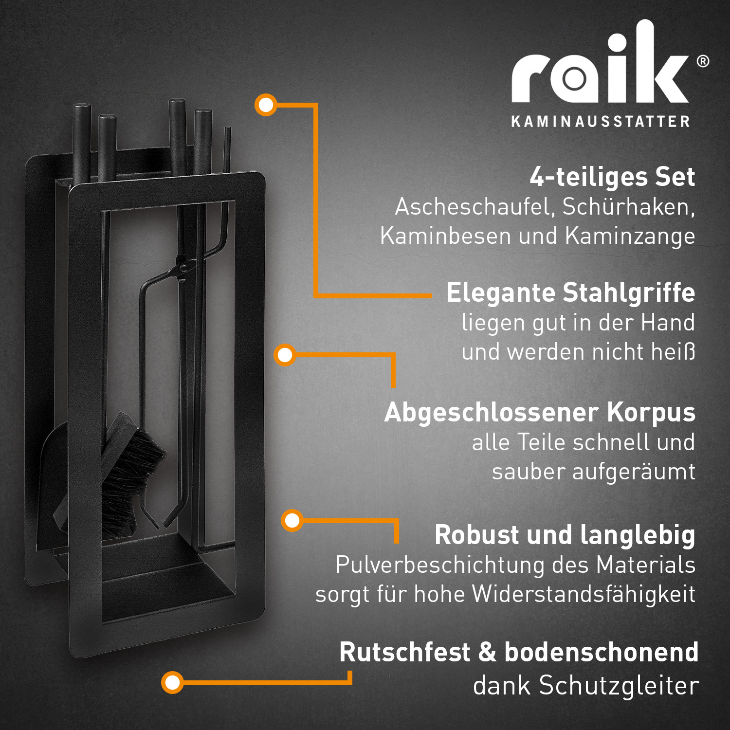 Raik Ensemble d'Accessoires de Cheminée Theodor, 4 pièces, noir