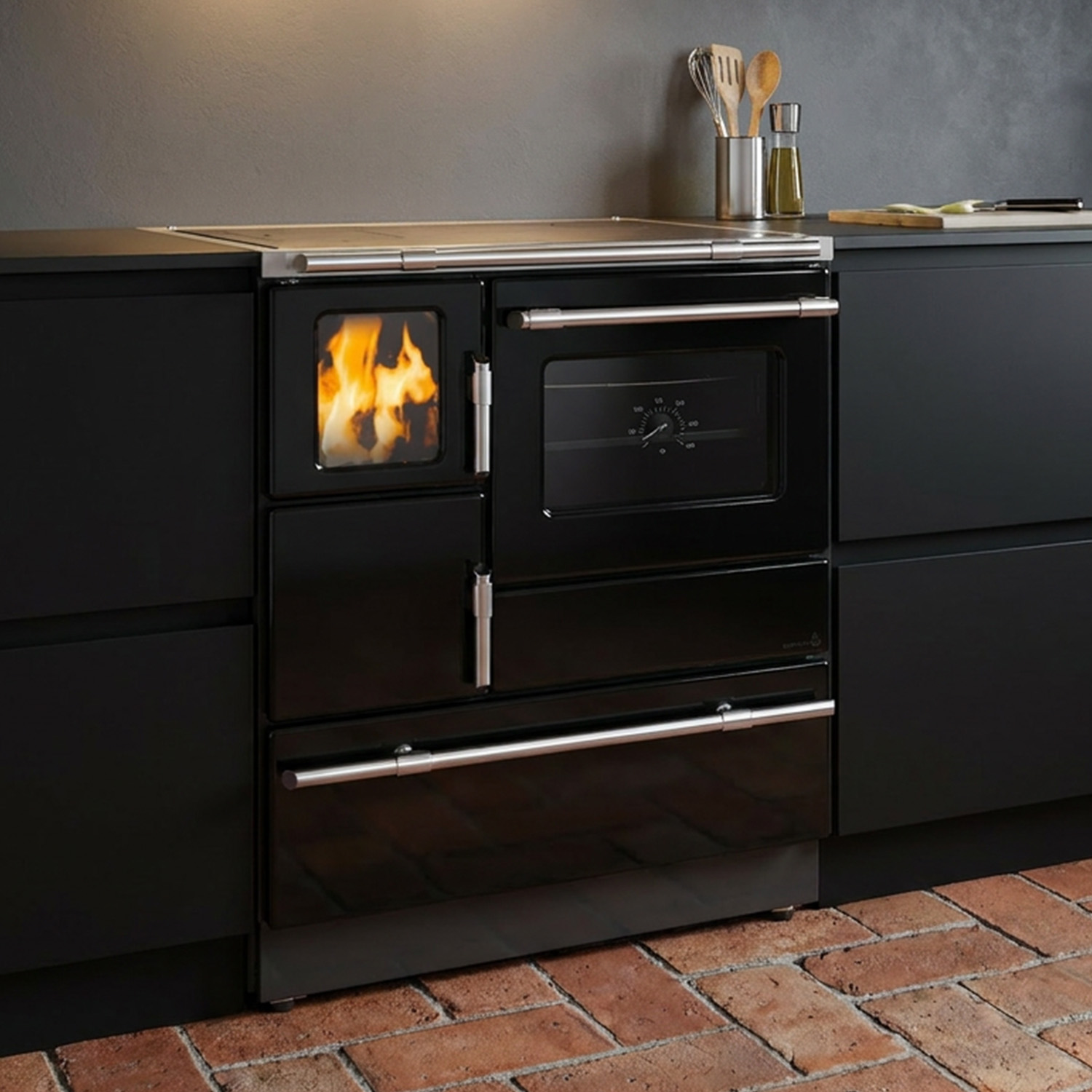 Wamsler K 128 F Cuisinière à bois à droite noir avec plaque en acier