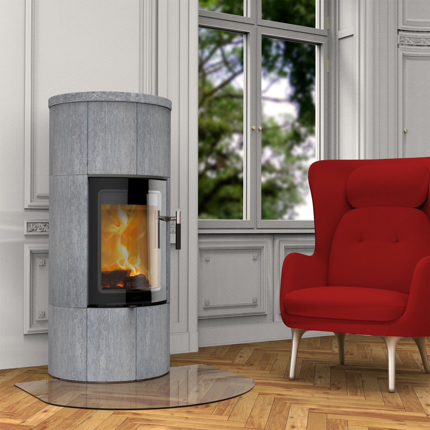 Lotus Maestro 1 Poêle à bois en stéatite, porte Magic, évacuation des fumées à l'arrière.