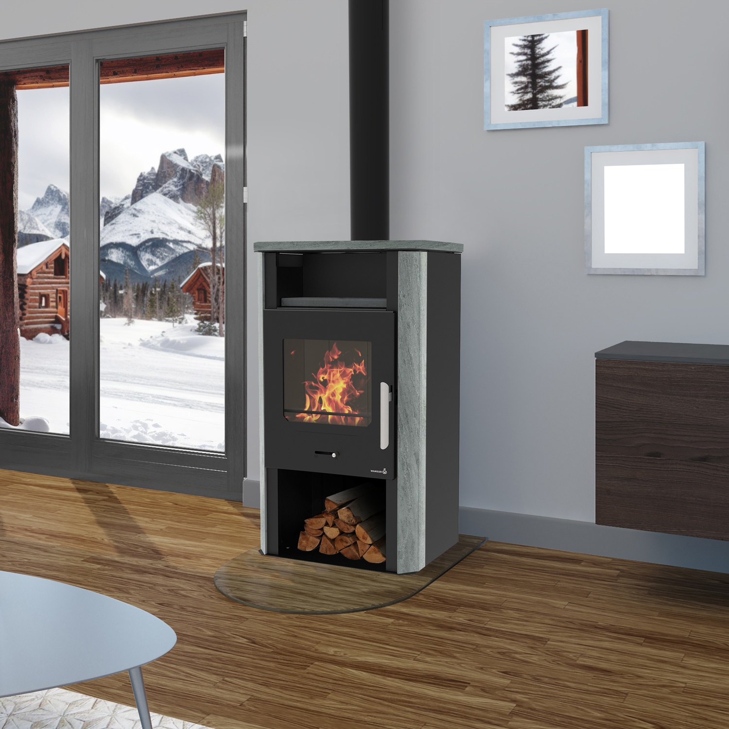 Wamsler poêle à bois « Cube » noir pierre naturelle