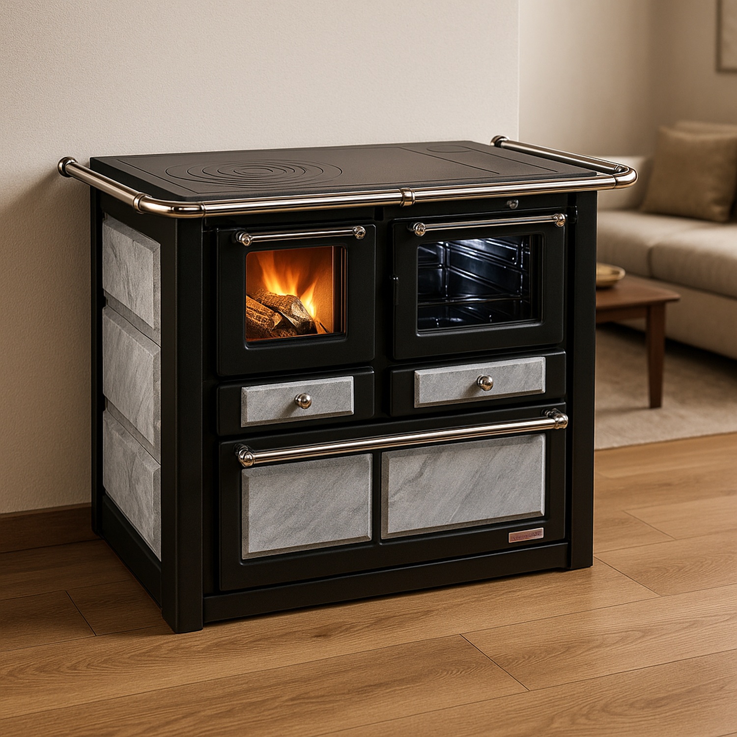 Westminster cuisinière à bois K 85 F II raccordement tuyaux pierre naturelle gauche