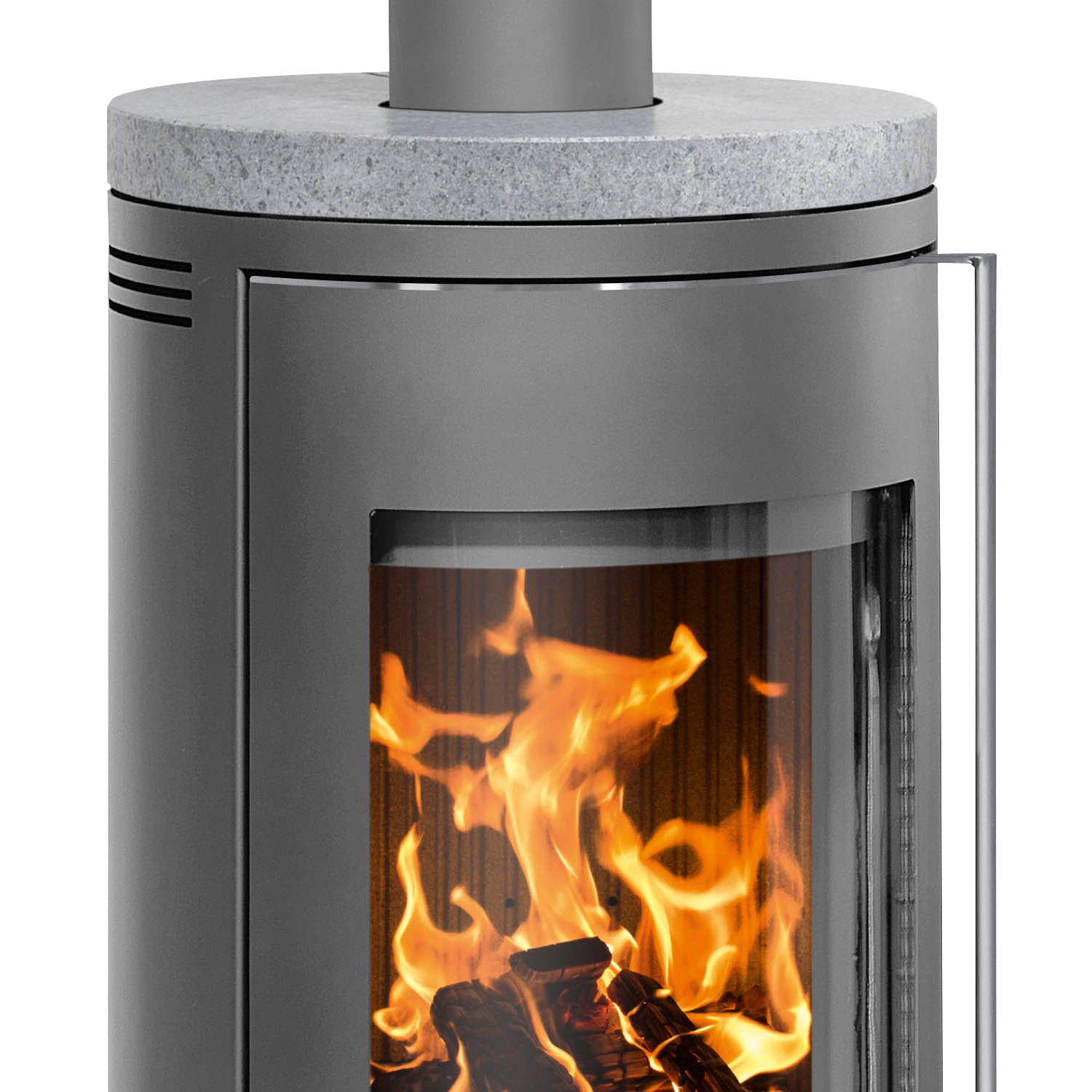Justus Faro 2.0 Poêle à bois en acier gris fonte avec plaque de recouvrement en stéatite.