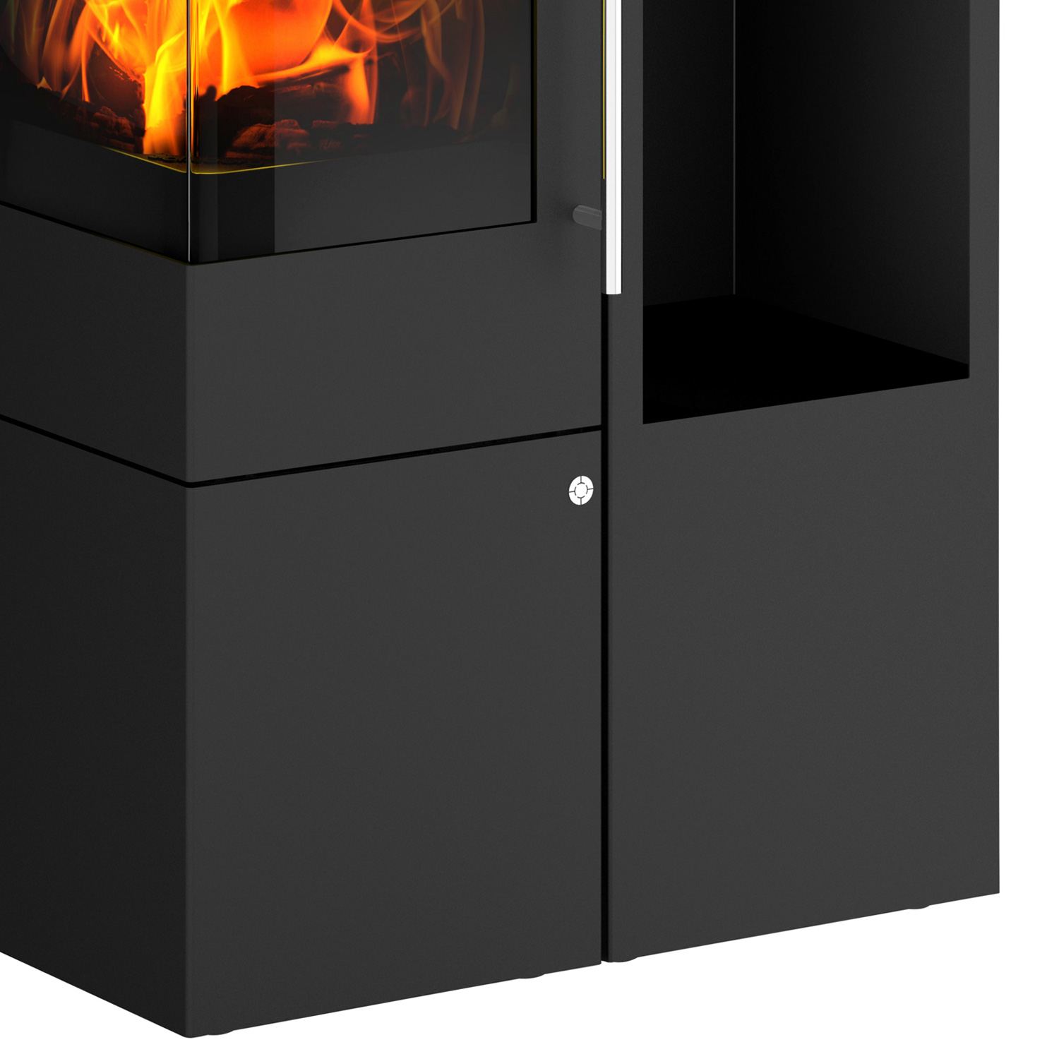 Olsberg Ipala Smart Compact poêle à bois en acier noir, charnière de porte à gauche, porte en acier avec étagère en bois à droite