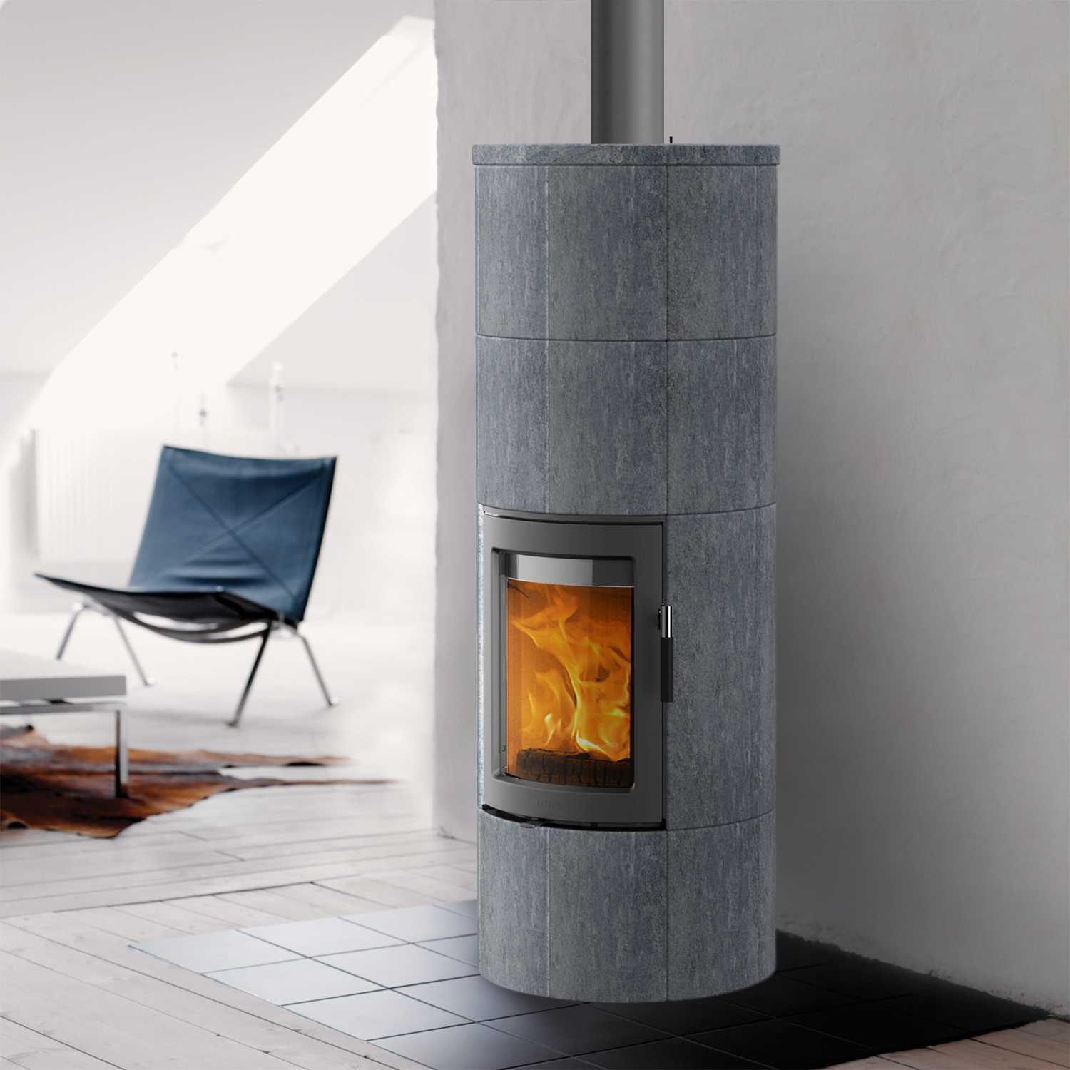 Poêle à bois Lotus Maestro 2 en stéatite, porte grise, évacuation des fumées par le haut