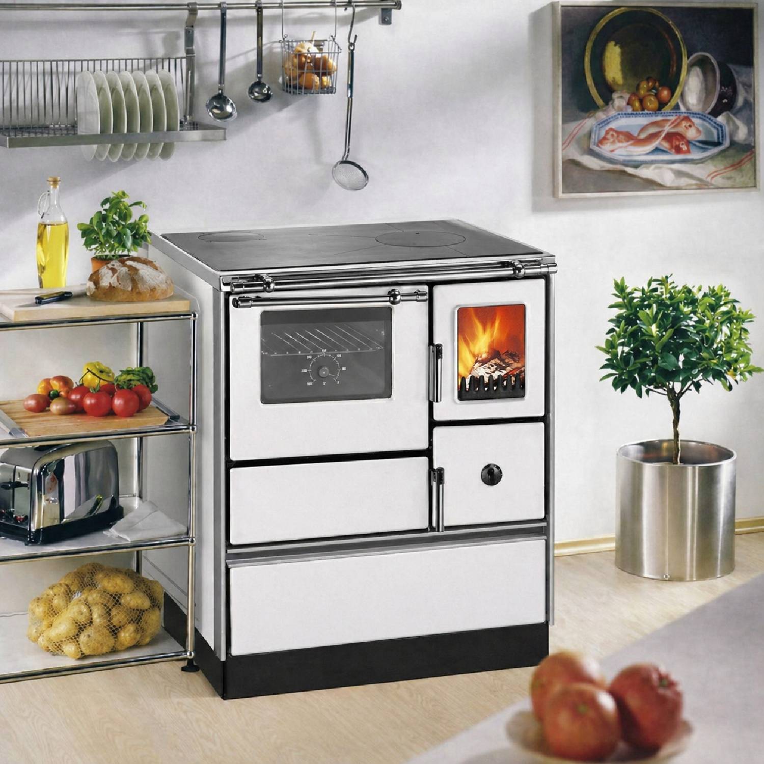 Westminster cuisinière à bois K 76F-70 avec fenêtre blanc raccordement tuyaux gauche
