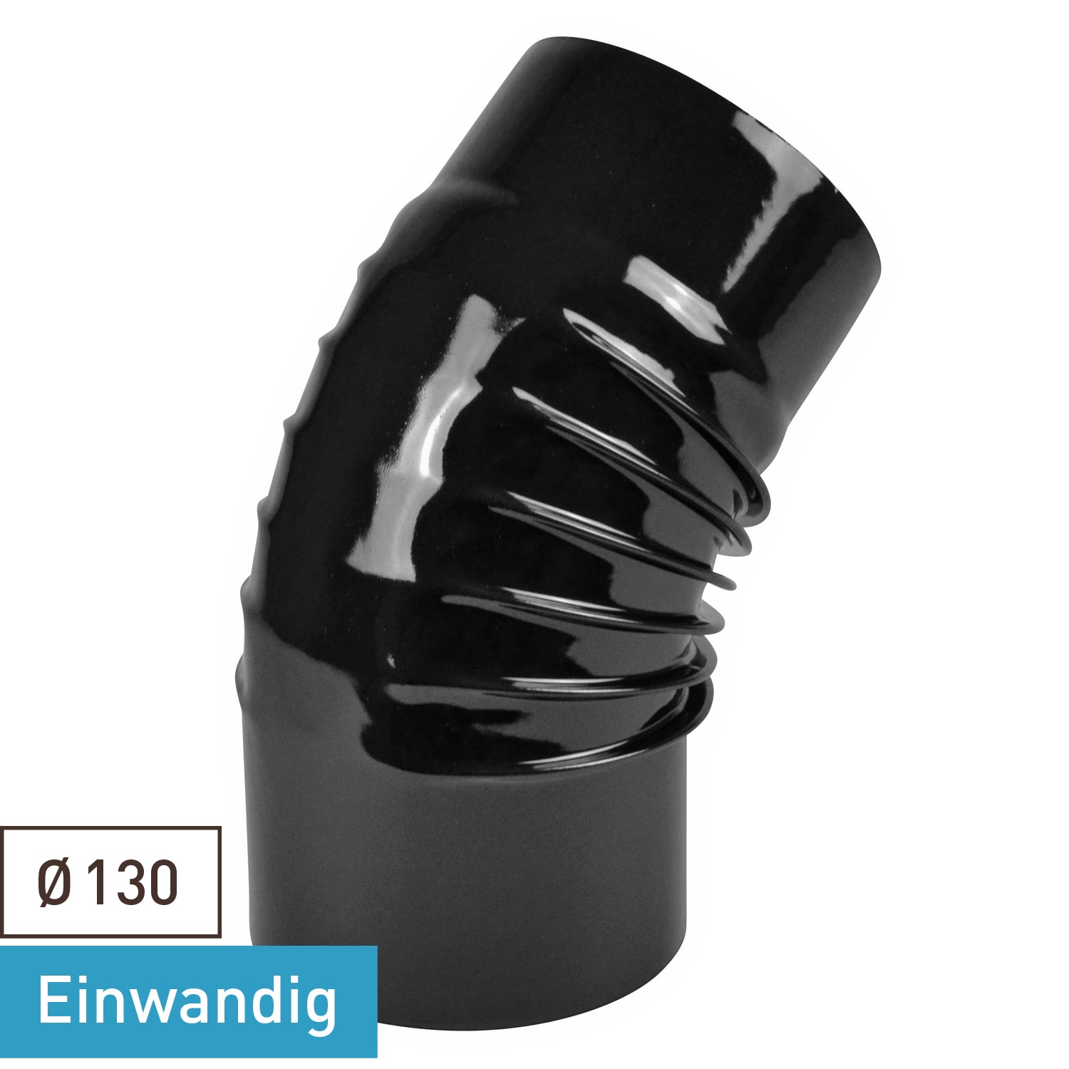 Coude de conduit de fumée / Coude de tuyau de poêle émaillé 130 mm - Coude à 45° nervuré noir