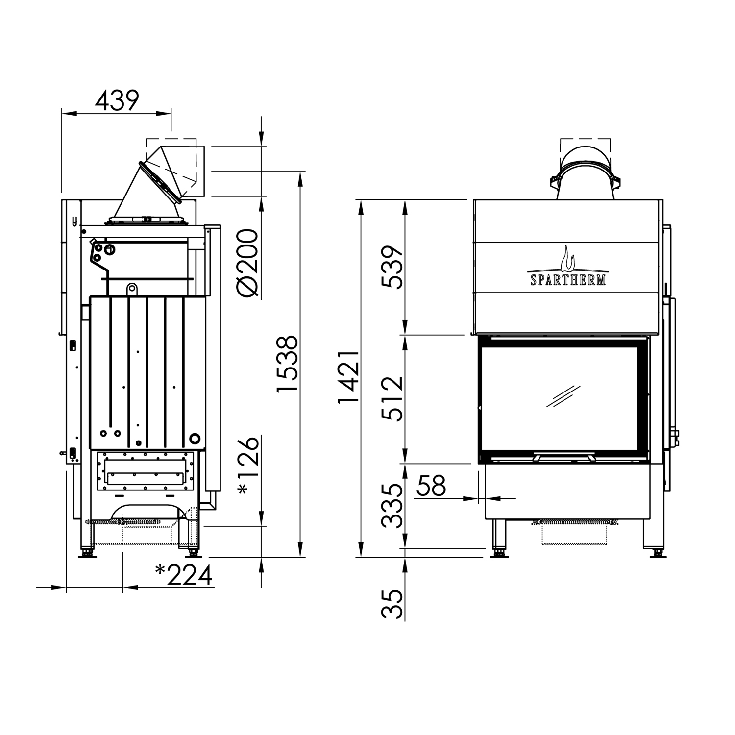 Spartherm Varia 2Lh H2O insert de cheminée à eau d'angle