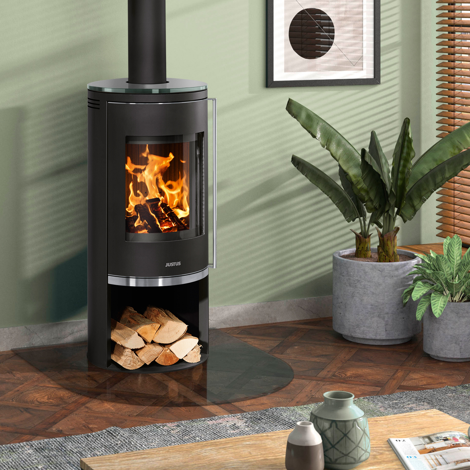 Justus Faro 2.0 Poêle à bois en acier noir avec plaque de recouvrement en verre