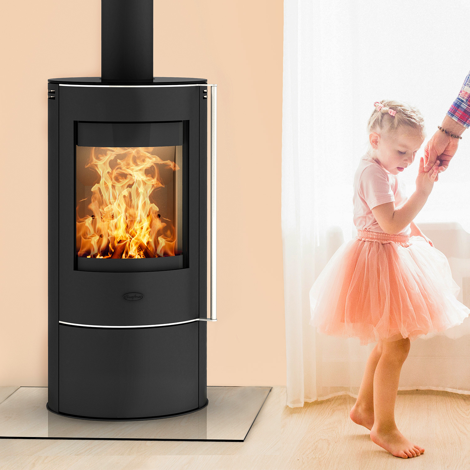 Poêle à bois Fireplace Elite Angerona en acier noir avec plaque de recouvrement en verre + 1 m³ de bois de chauffage gratuit