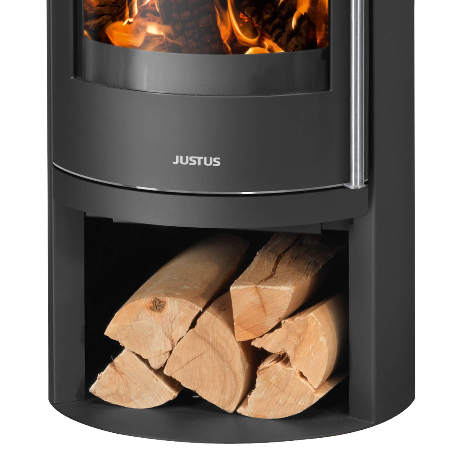 Justus Mino 2.0 Poêle à bois en acier noir avec plaque de recouvrement en céramique bordeaux.