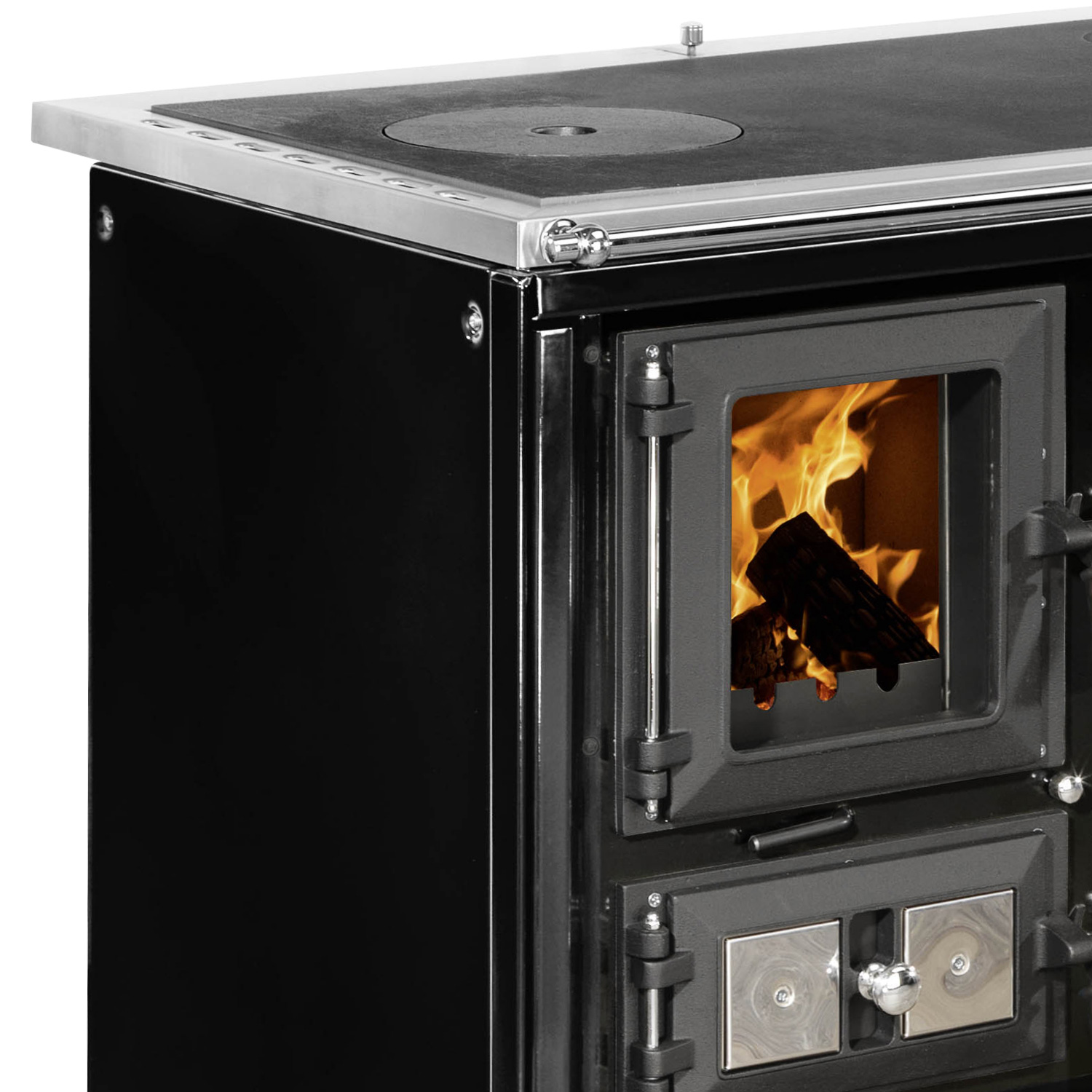 Justus Rustico-90 2.0 poêle de cuisine en acier noir, compartiment de cuisson à droite
