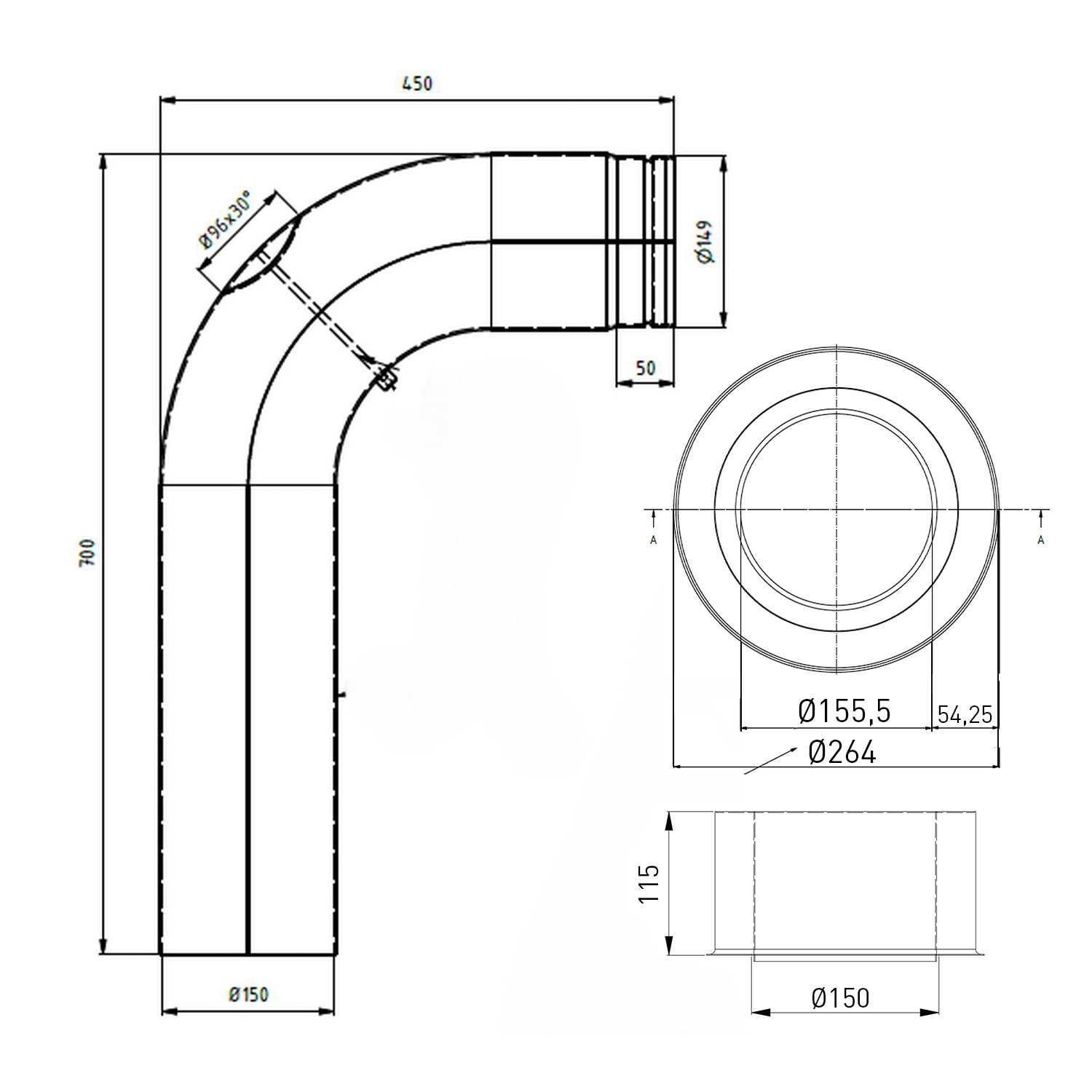 Raik set WBG LS diamètre 150/90° 2,00mm lisse 700/450 avec porte intégrée gris