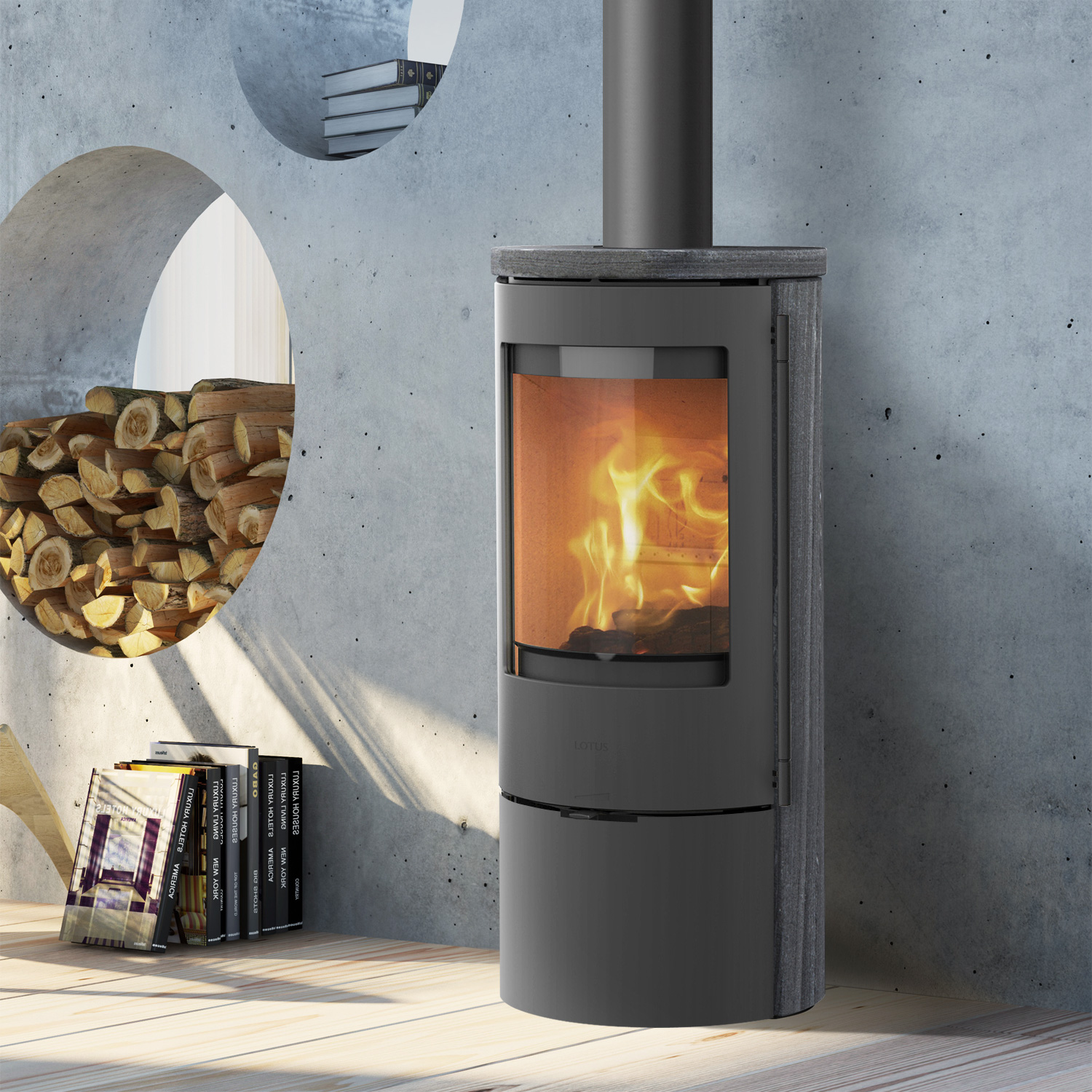 Lotus Prestige Basic S Poêle à bois Gris/ Indian Night, DIBT, Poignée Classic, RR arrière ou RR dessus/ variantes de poignée optionnelles