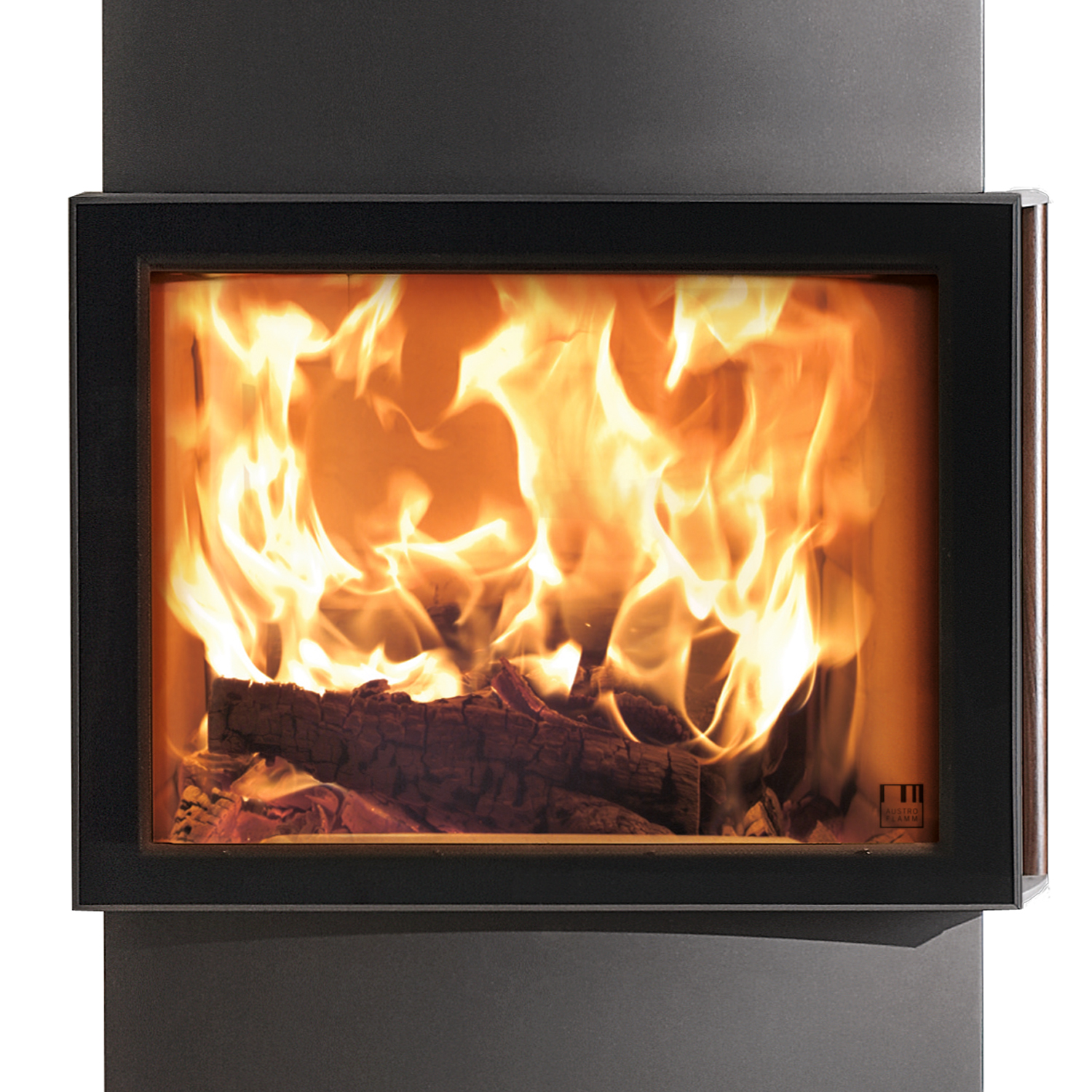 Austroflamm Lounge Xtra poêle à bois en acier gris fonte, raccordement de fumée par le haut ou à l'arrière.