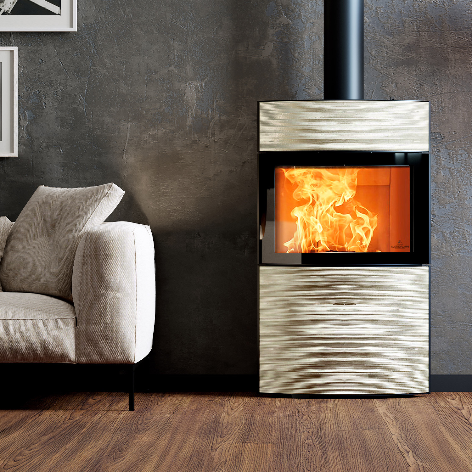 Austroflamm Fynn Xtra 2.0 poêle à bois acier noir/ revêtement céramique rainure Monstein 100