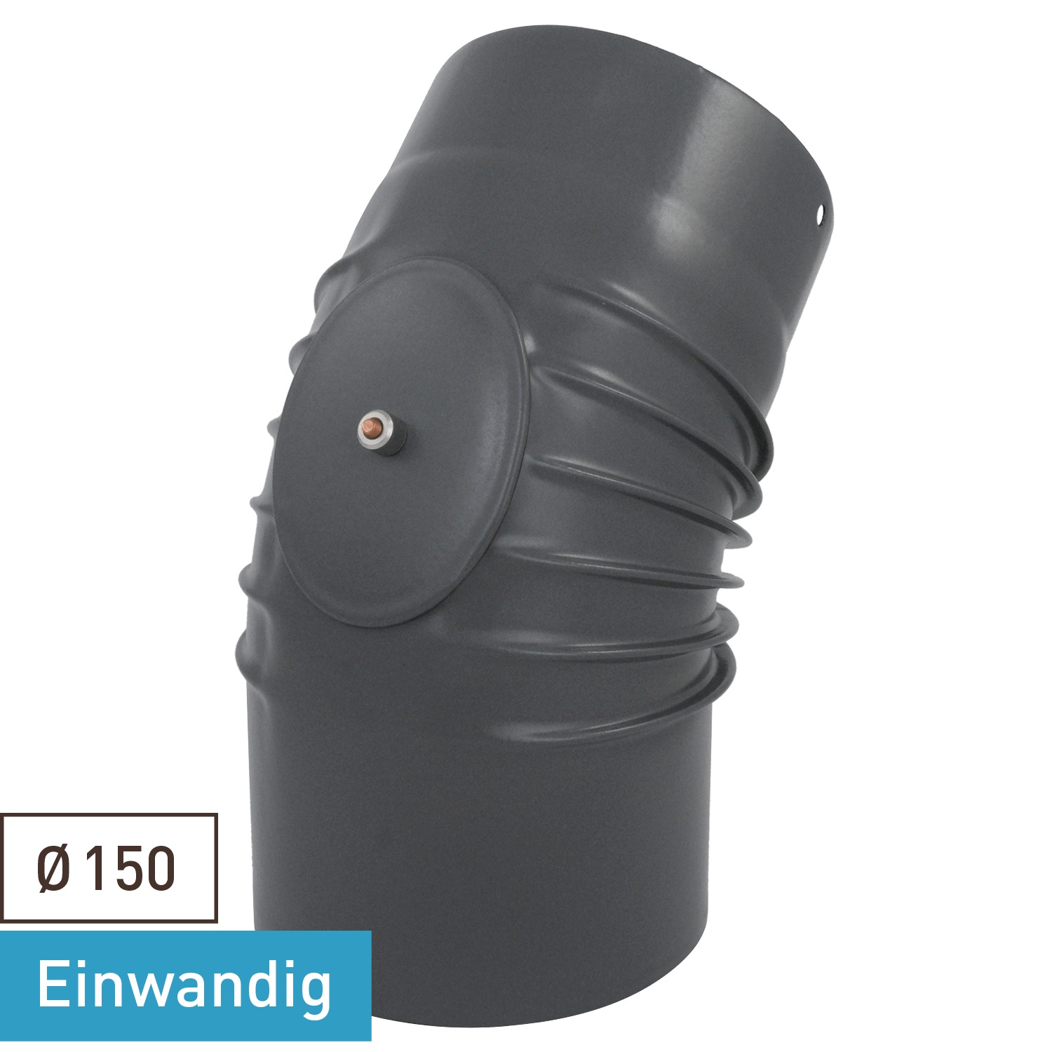 Coude de conduit de fumée / Coude de tuyau de poêle émaillé 150 mm - Coude à 45° nervuré gris avec ouverture de nettoyage.