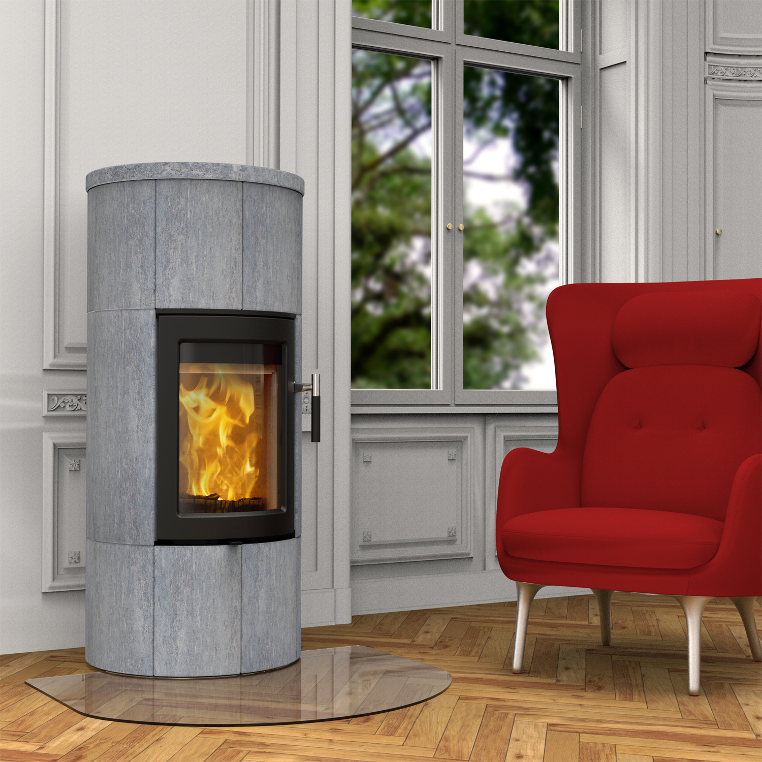 Lotus Maestro 1 poêle à bois pierre ollaire, porte noire, sortie de fumée arrière