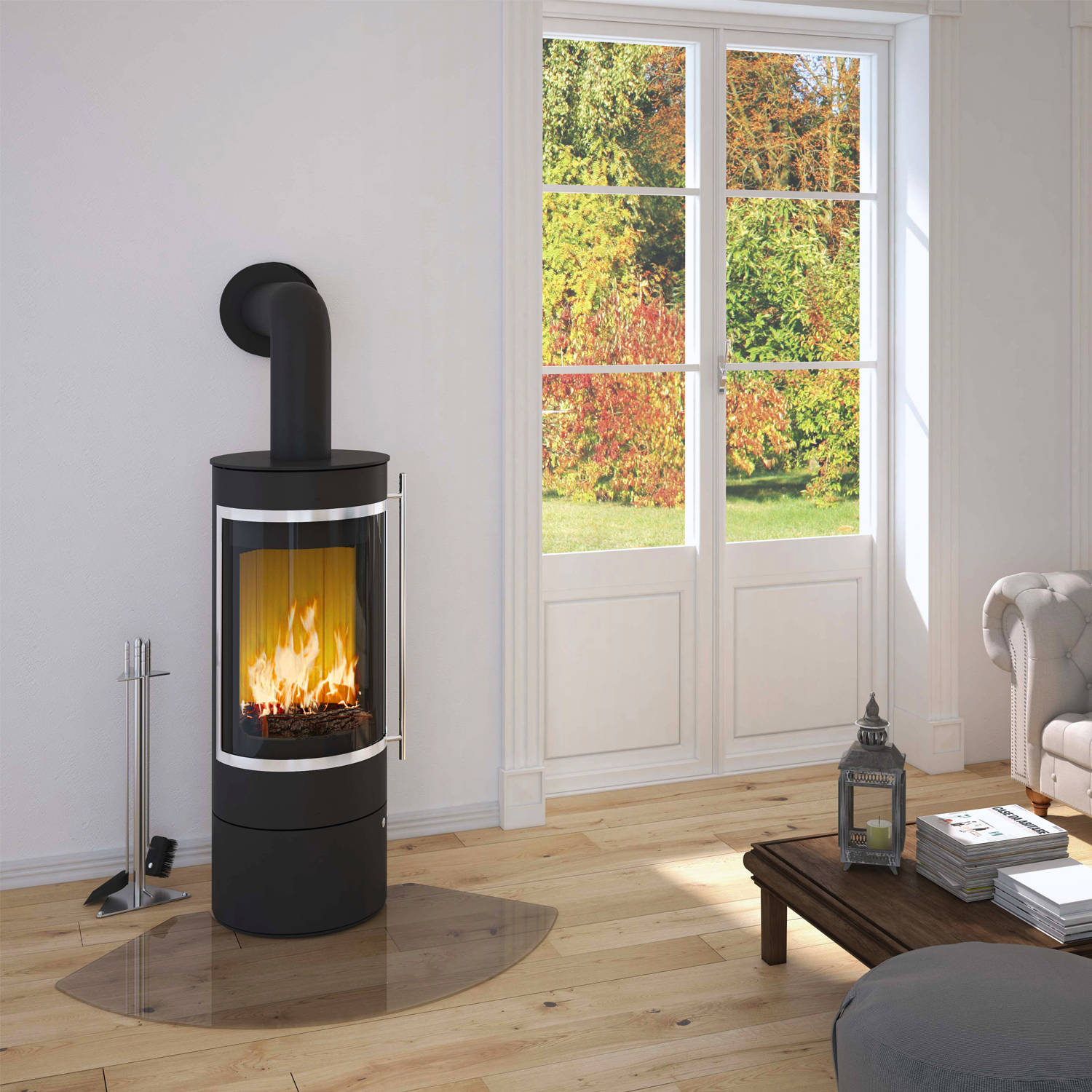 Poêle à bois Olsberg Pular Compact noir avec cadre décoratif chromé