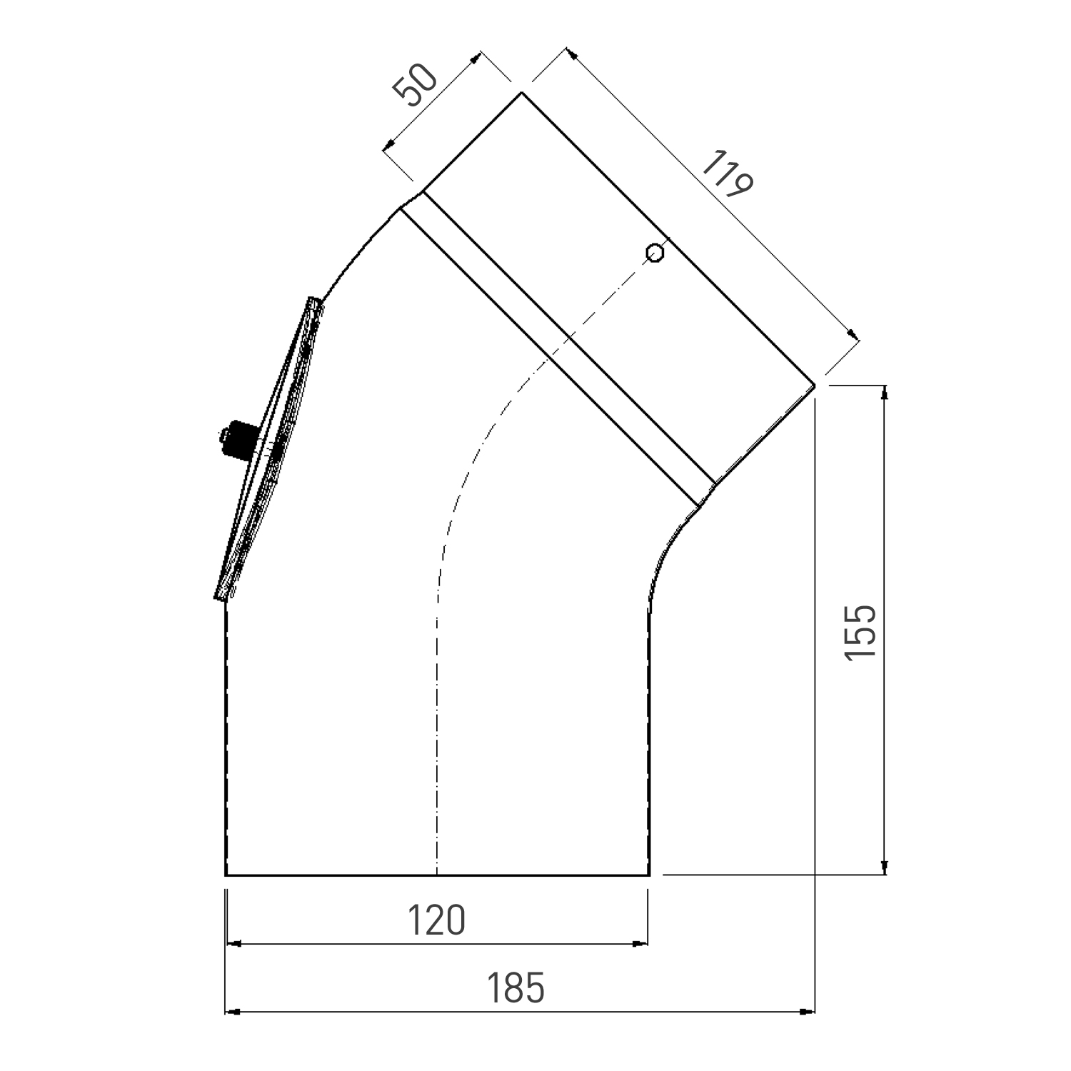 Coude de conduit de fumée / Coude de tuyau de poêle émaillé 120 mm - Coude de 45° lisse noir avec ouverture de nettoyage.