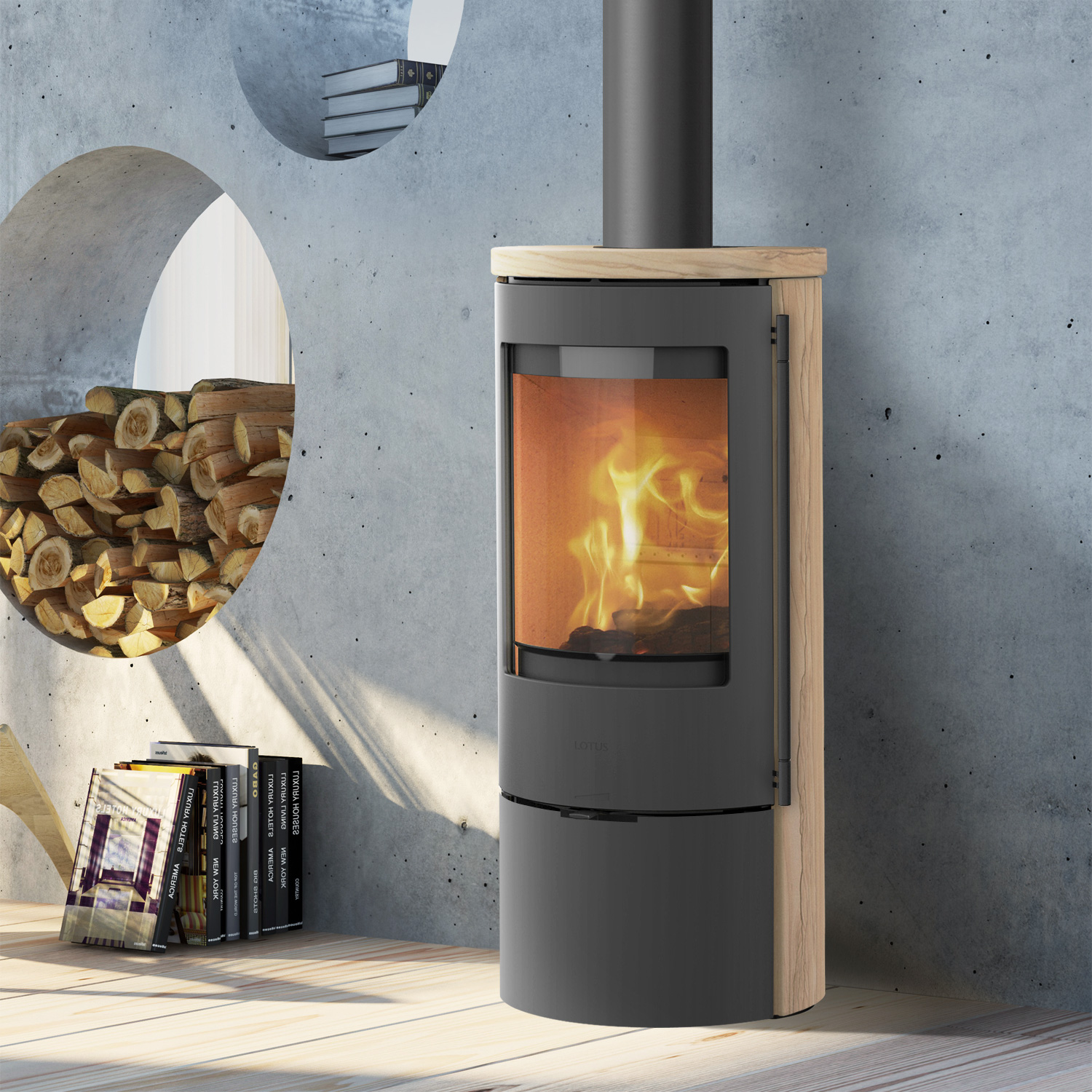 Lotus Prestige Basic S Poêle à bois en pierre de sable, corps gris, DIBt, raccordement de conduit de fumée en haut