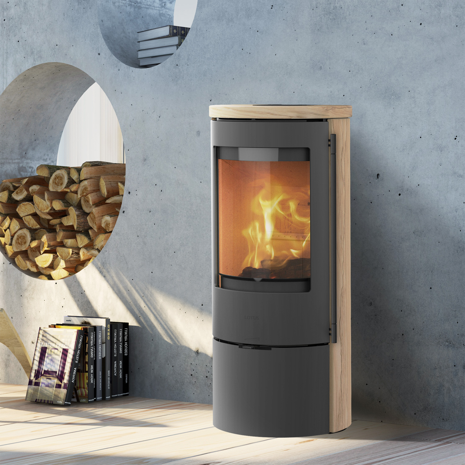 Lotus Prestige Basic S Poêle à bois en pierre de sable, corps gris, DIBt, raccordement du conduit de fumée à l'arrière