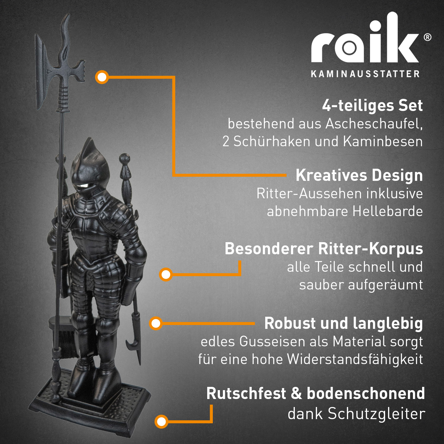 Raik assortiment de cheminée chevalier Hubert, noir, 4 pièces