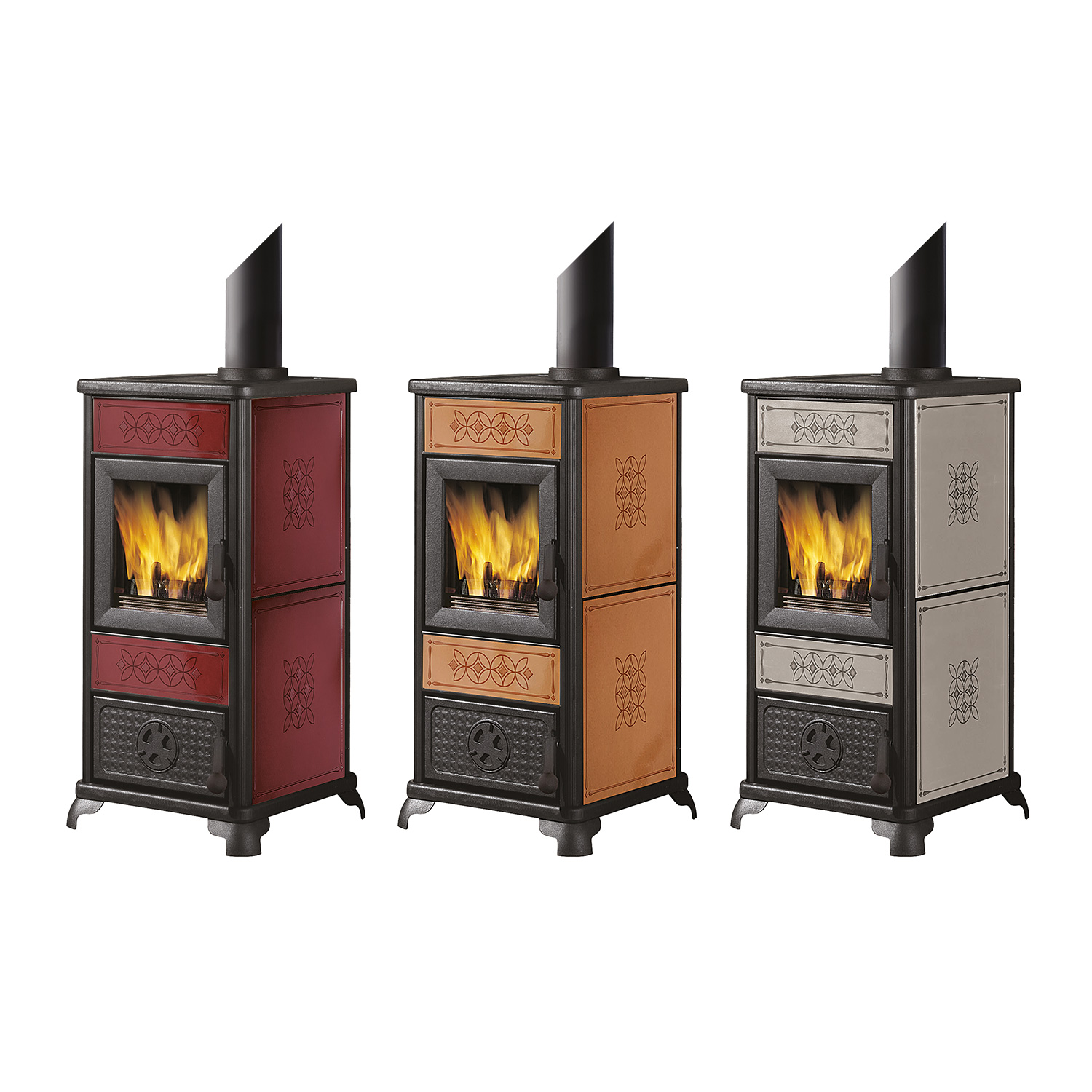 EK63 Decor poêle à bois céramique cuir tuyau de fumée dessus