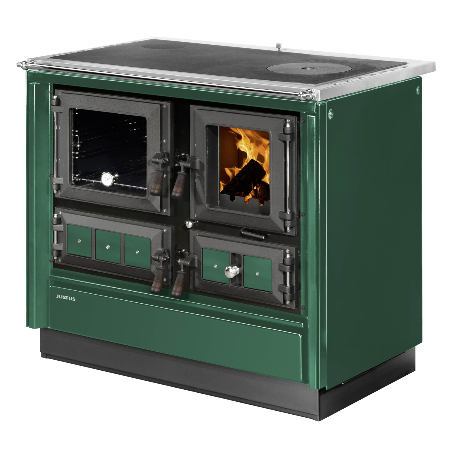 Justus Rustico-90 2.0 Cuisinière à bois en acier vert, four à gauche