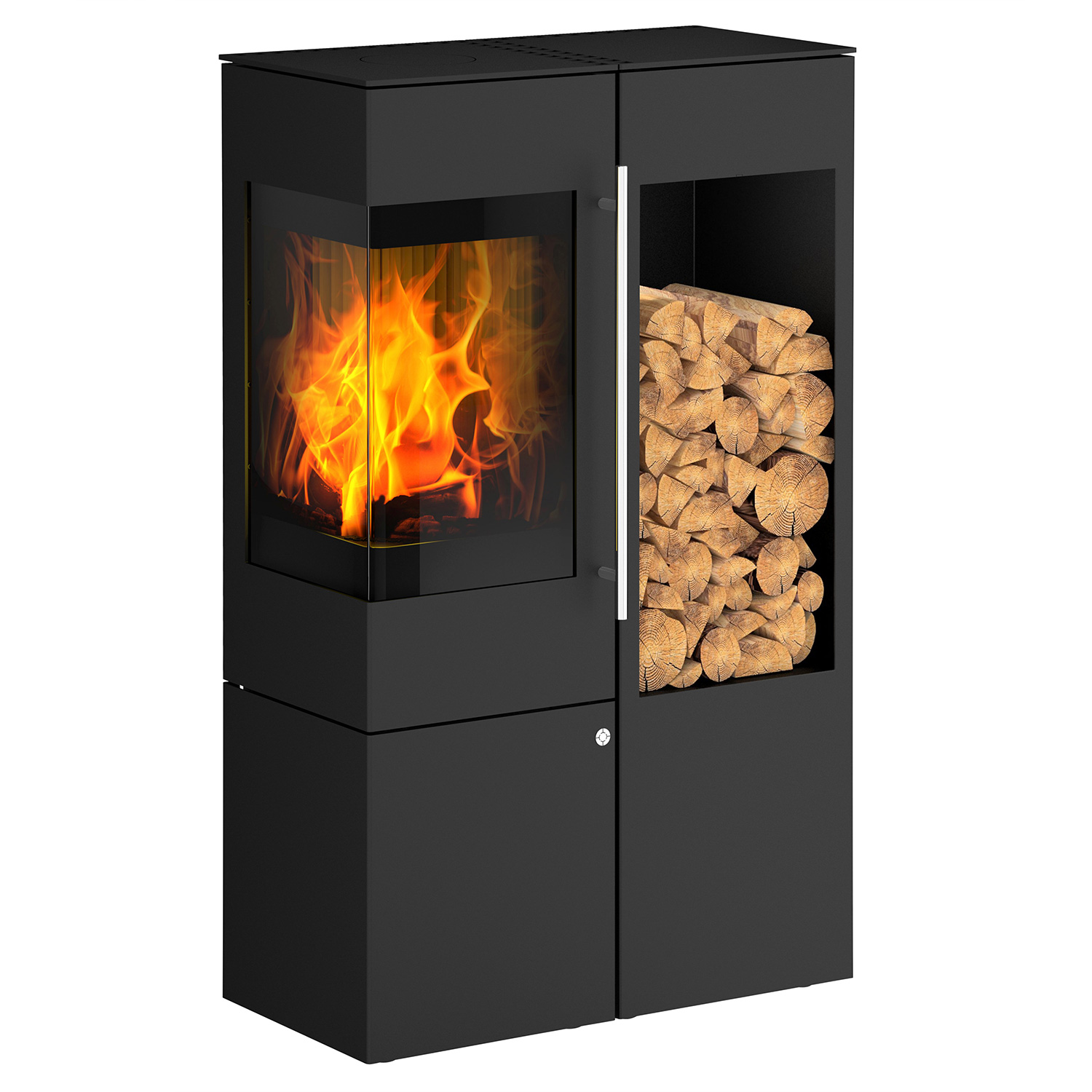 Olsberg Ipala Smart Compact poêle à bois en acier noir, charnière de porte à gauche, porte en acier avec étagère en bois à droite