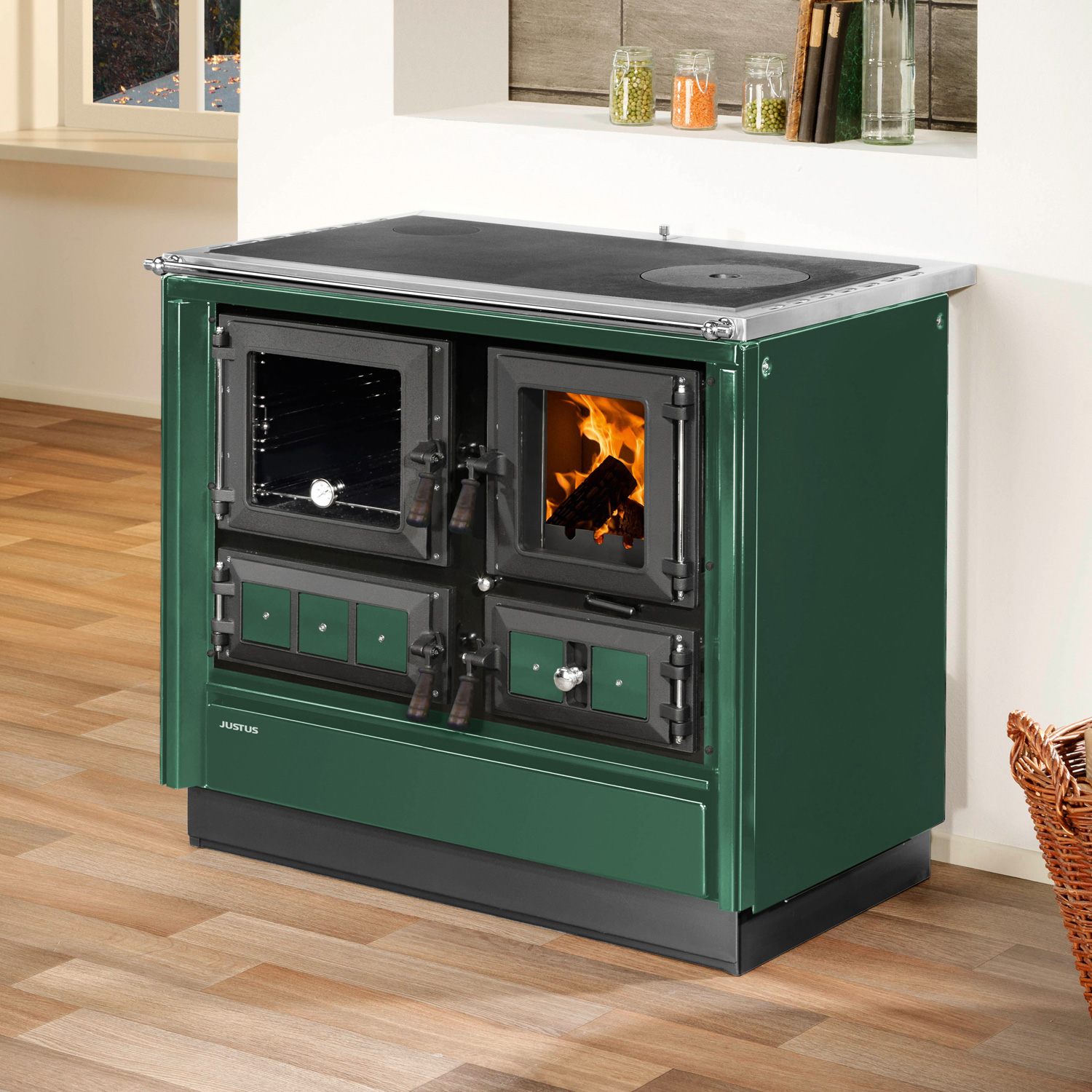 Justus Rustico-90 2.0 Cuisinière à bois en acier vert, four à gauche