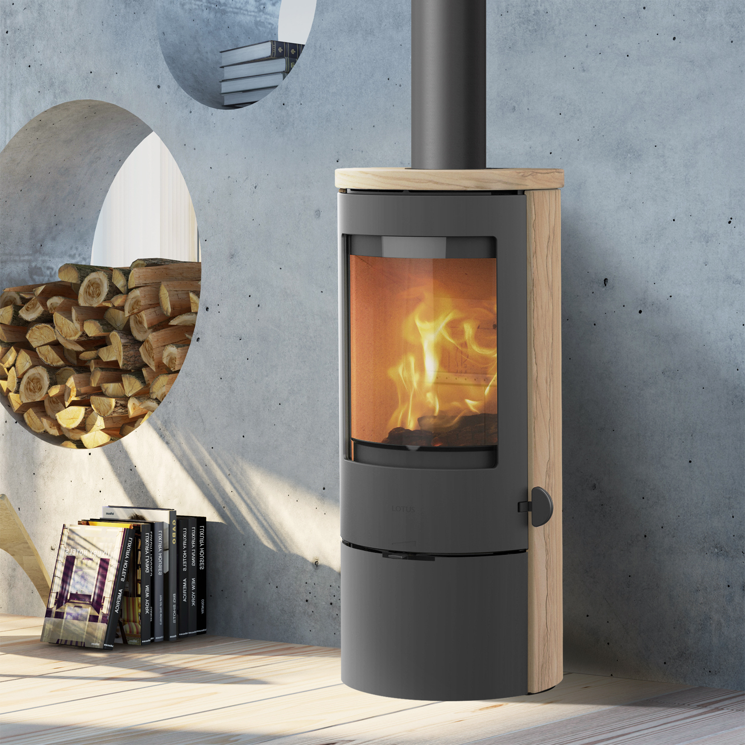 Lotus Prestige Basic Sand Poêle à bois, porte grise, sortie de fumée par le haut