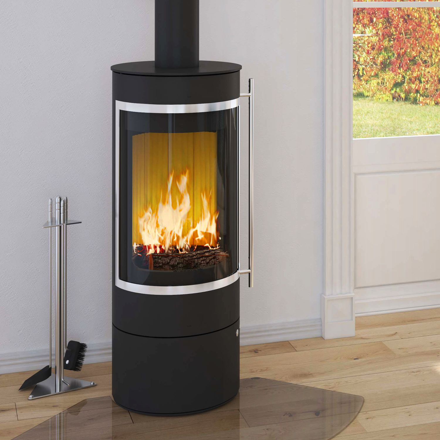 Poêle à bois Olsberg Pular Compact noir avec cadre décoratif chromé