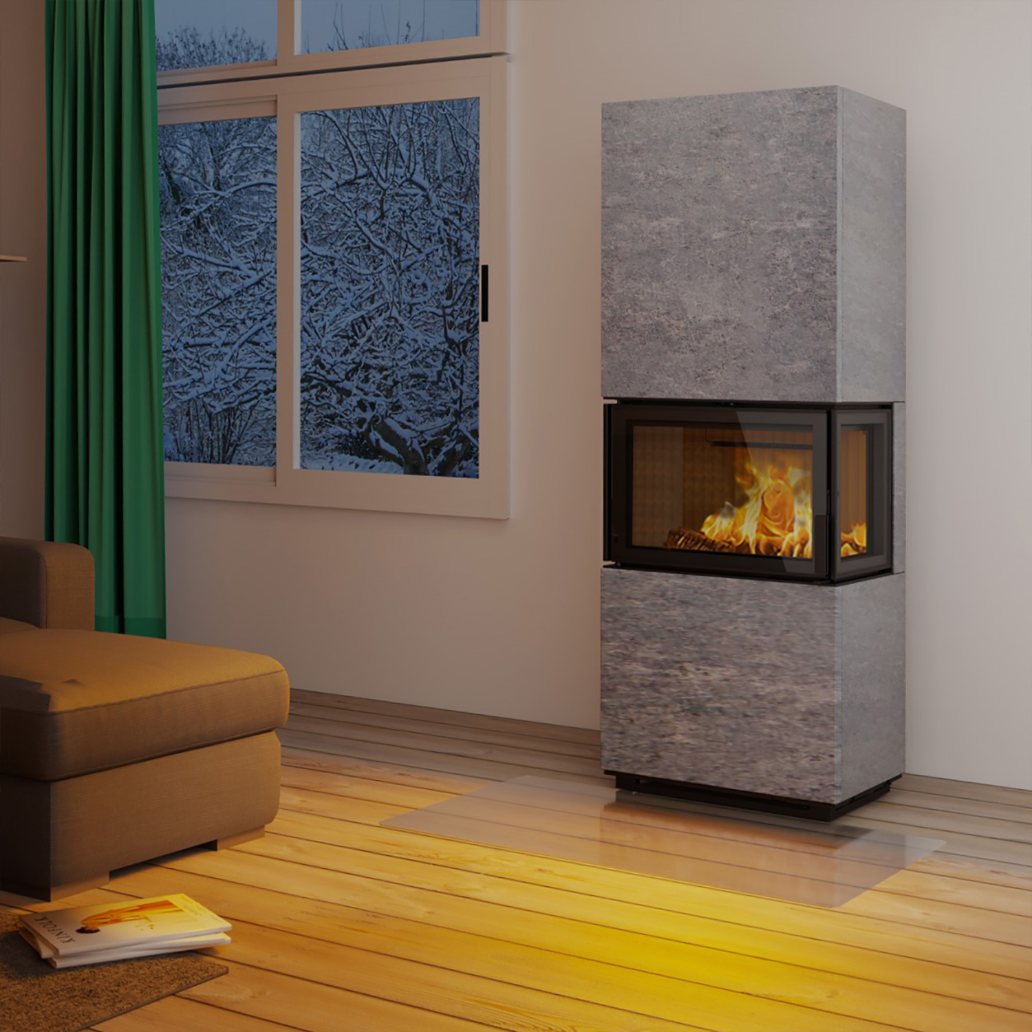 Poêle à bois Lotus Visto R en stéatite, vitre latérale à droite, évacuation des fumées par le haut