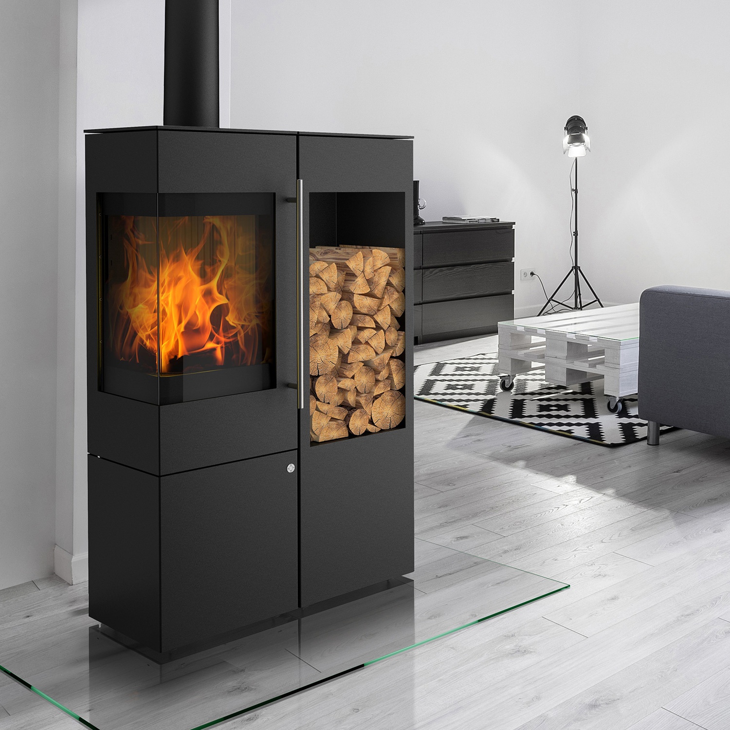 Olsberg Ipala Smart Compact poêle à bois en acier noir, charnière de porte à gauche, porte en acier avec étagère en bois à droite