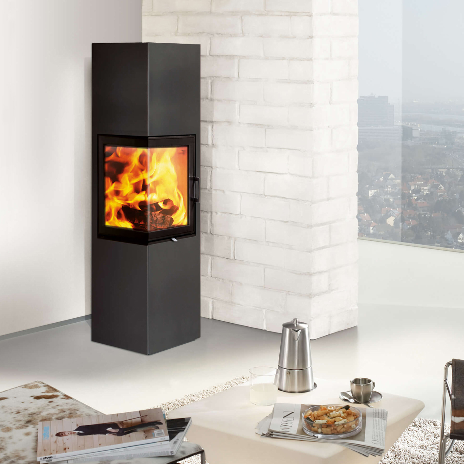 Austroflamm Slim 2.0 poêle à bois en acier gris fonte, ouverture de porte à gauche, raccordement supérieur ou arrière