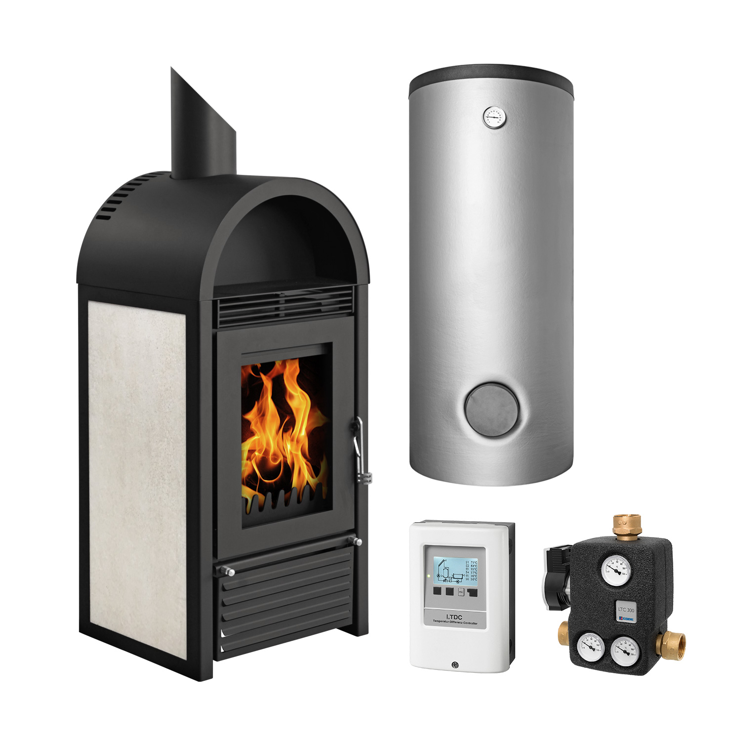 Schmitzker Marbella Céramique Beige Poêle à bois bouilleur - Ensemble complet avec ballon tampon TPSR 300L + 1 SWT