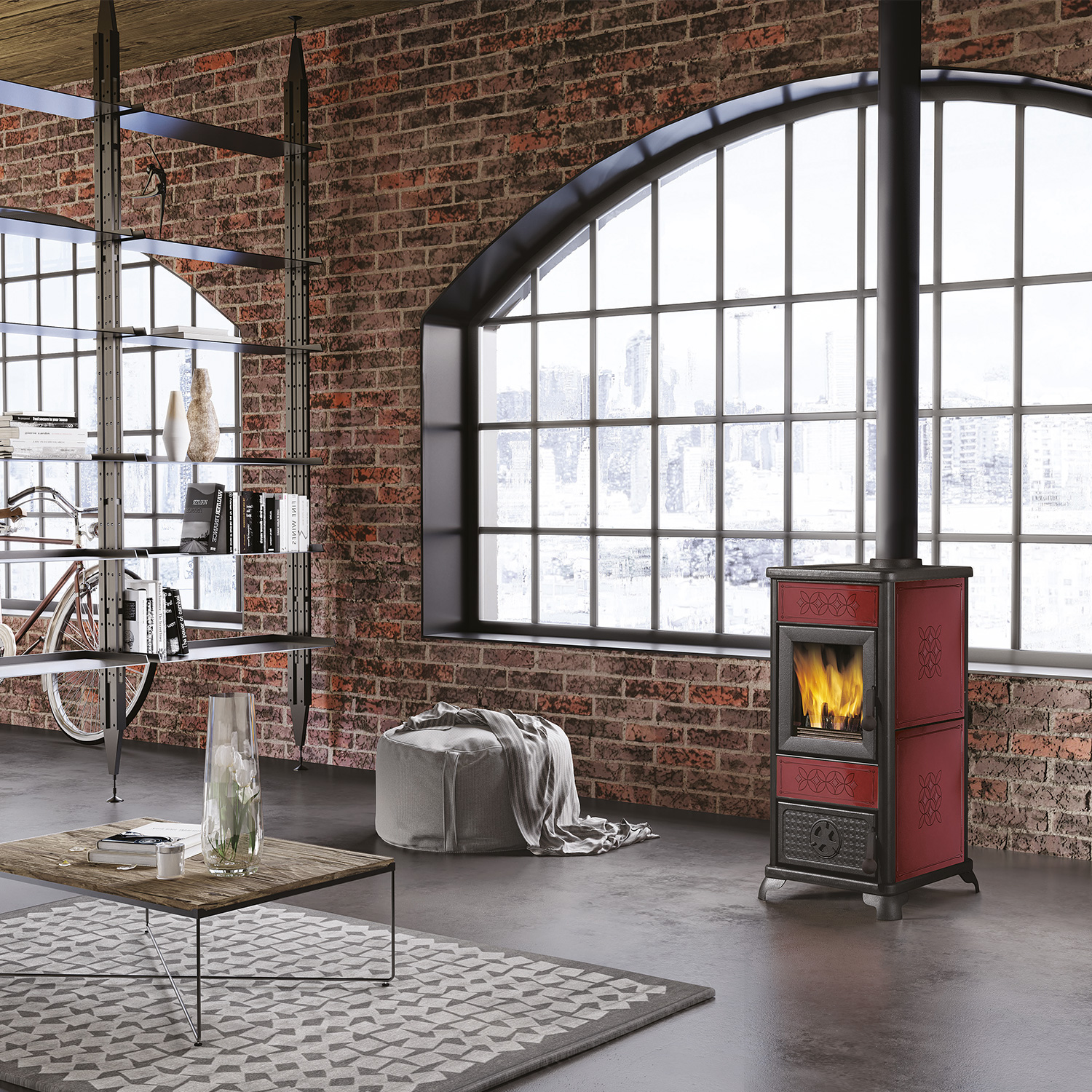 EK63 Decor poêle à bois céramique bordeaux tuyau de fumée dessus