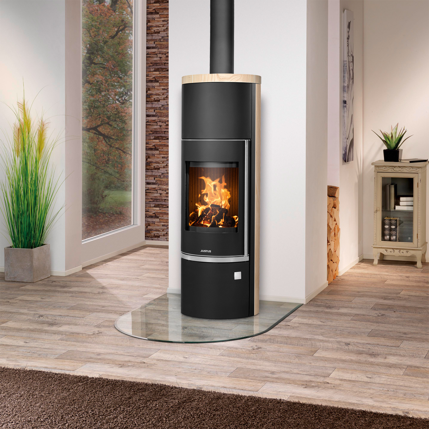 Justus Faro Aqua 2.0 Poêle à bois avec circulation d'eau en acier noir avec revêtement en pierre de sable.