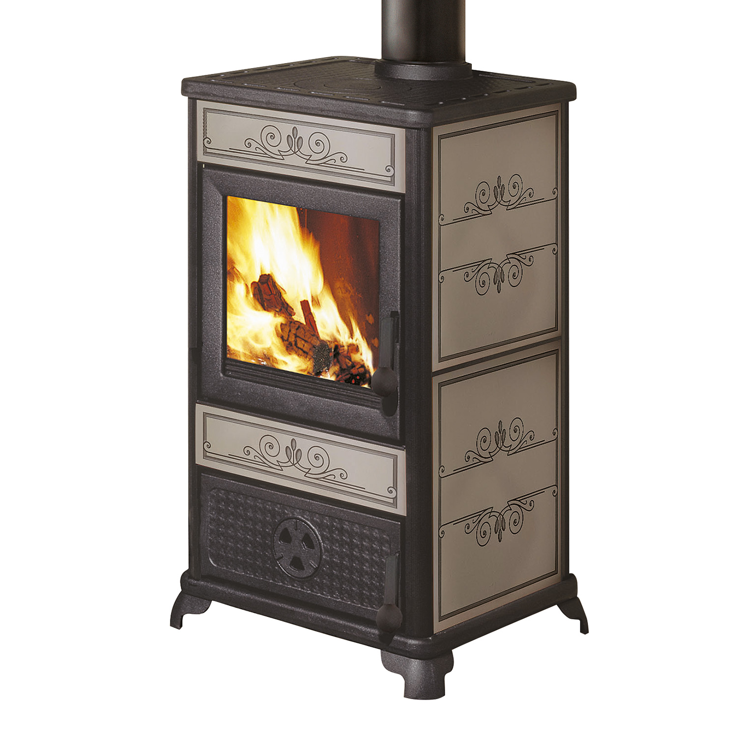 Poêle à bois EK63 Fancy en céramique gris colombe avec sortie de fumée par le haut