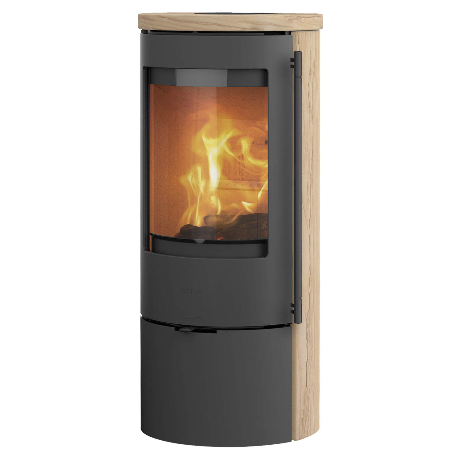 Lotus Prestige Basic S Poêle à bois en pierre de sable, corps gris, DIBt, raccordement du conduit de fumée à l'arrière